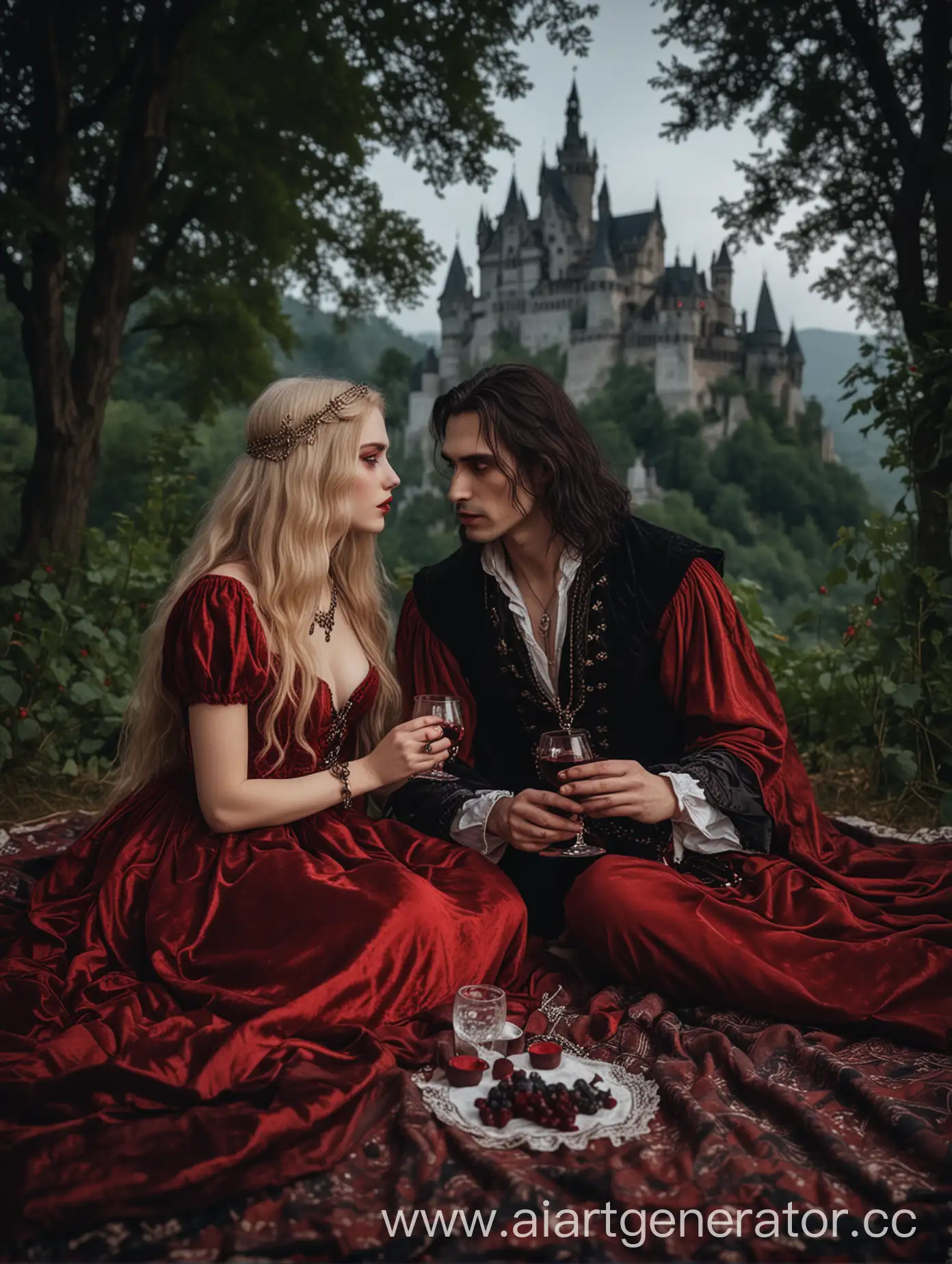 пикник в лесу, два богатых вампира с красными глазами сидят в анфас на пледе (девушка с длинными светлыми волосами с украшениями в красном бархатном платье и мужчина с черными длинными волосами с кулоном на шее) пьют красное вино из красивых бокалов, вокруг зелень в темных тонах, на фоне вдалеке замок Дракулы, сумрак и легкий туман