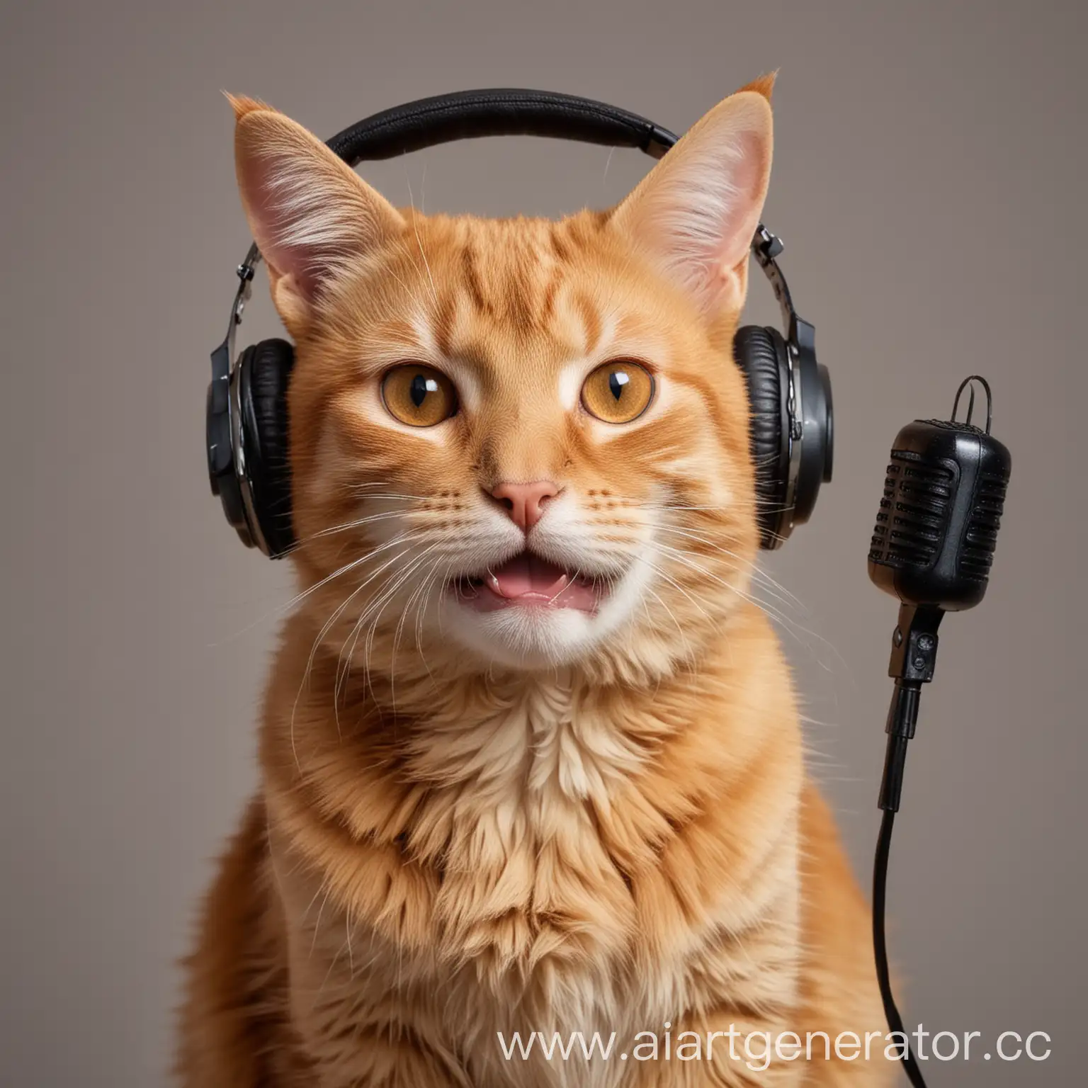 кошка в наушниках поет песню, вокальная студия, студия звукозаписи, рыжая кошка поет, красивая