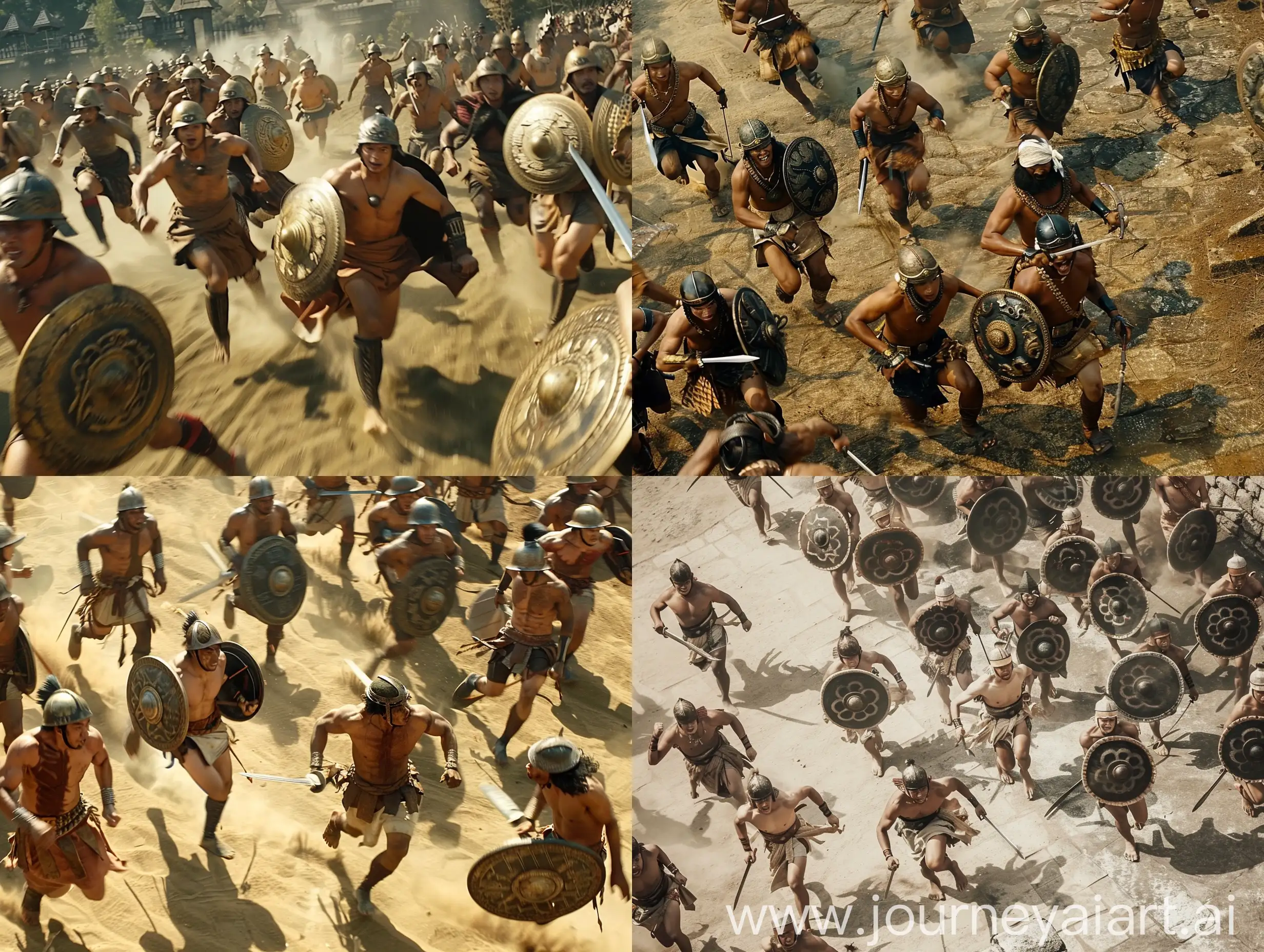 movie scene, from above view, troops of Majapahit soldiers running to fight, wearing full war equipment, without shirts, carrying shields and swords