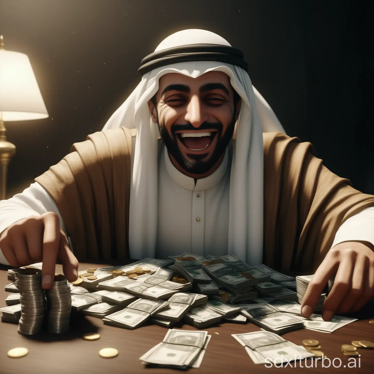 Imagine an Arab wealthy guy dressed in Hyper realistic happily counting his money and behind him a greedy robber looking to his money and laughing prepared to steal it, Hyper realistic Style , Highest 4K Quality , UNREAL ENGINE
