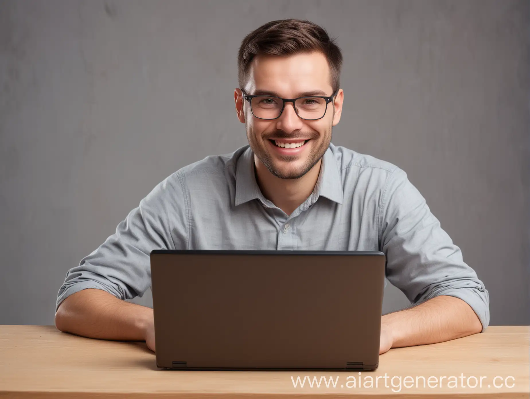 Преподаватель один по программированию с ноутбуком мужчина без очков улыбается 
