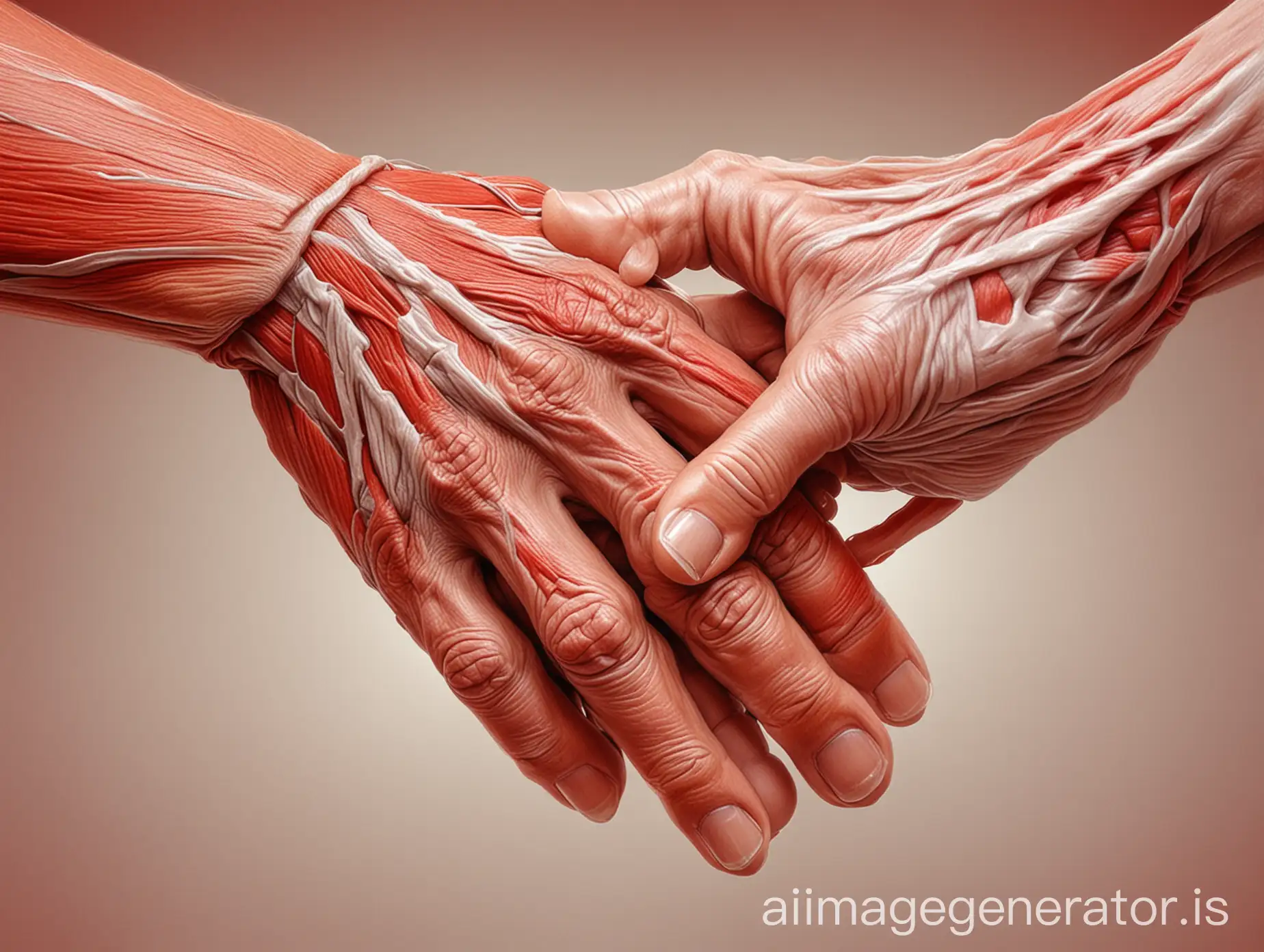 Two hands (realistic-no more than five fingers each), one holding the other one and the tendons and muscles are seen through one of them (drawing). The colors should be natural (muscles in red, tendons in white, the skin flesh-colored). Colorful background