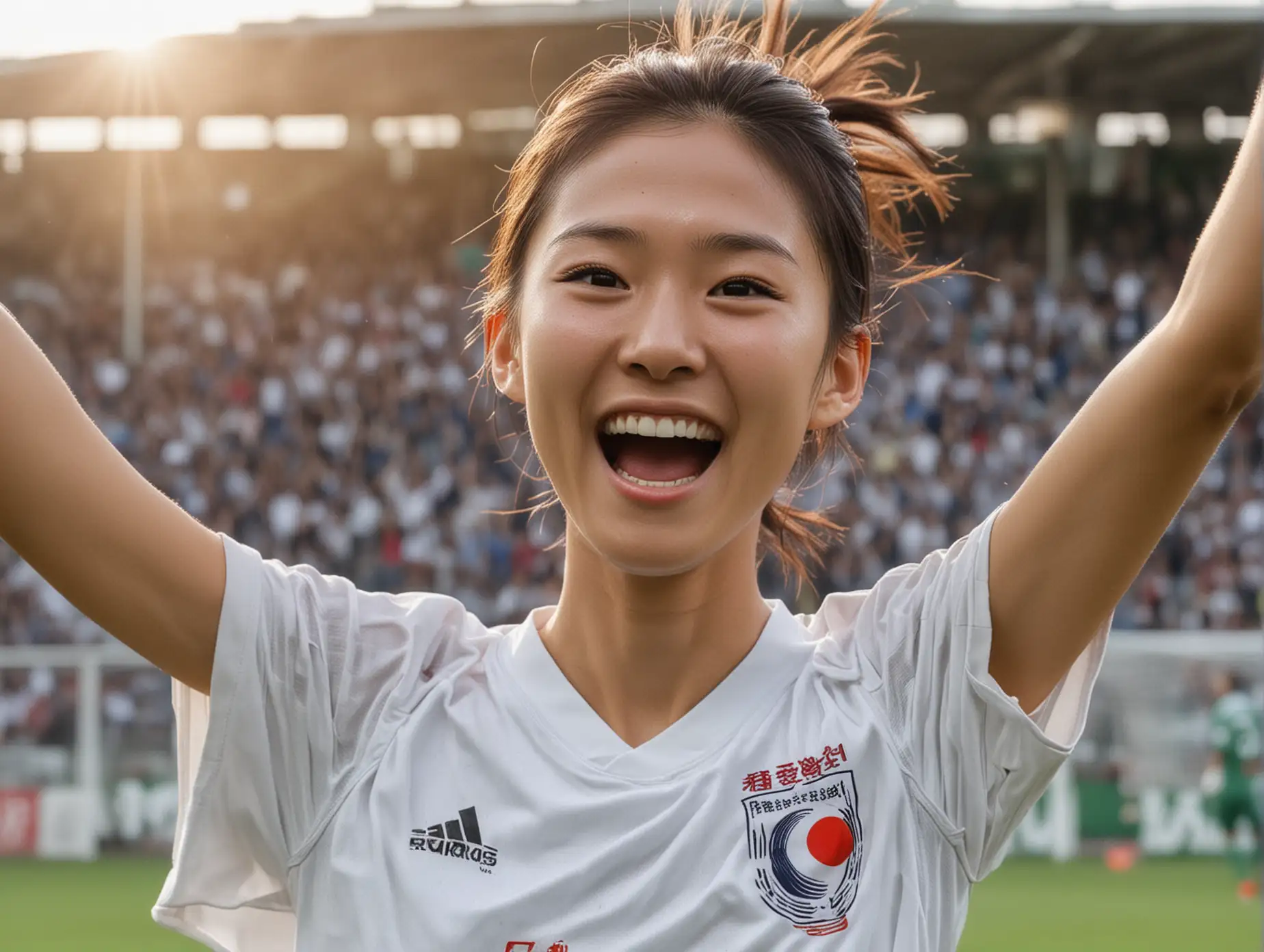Natural face without make-up of an extremely beautiful skinny soccer girl from japan overflowing with triumphant joy, moments after a glorious goal.