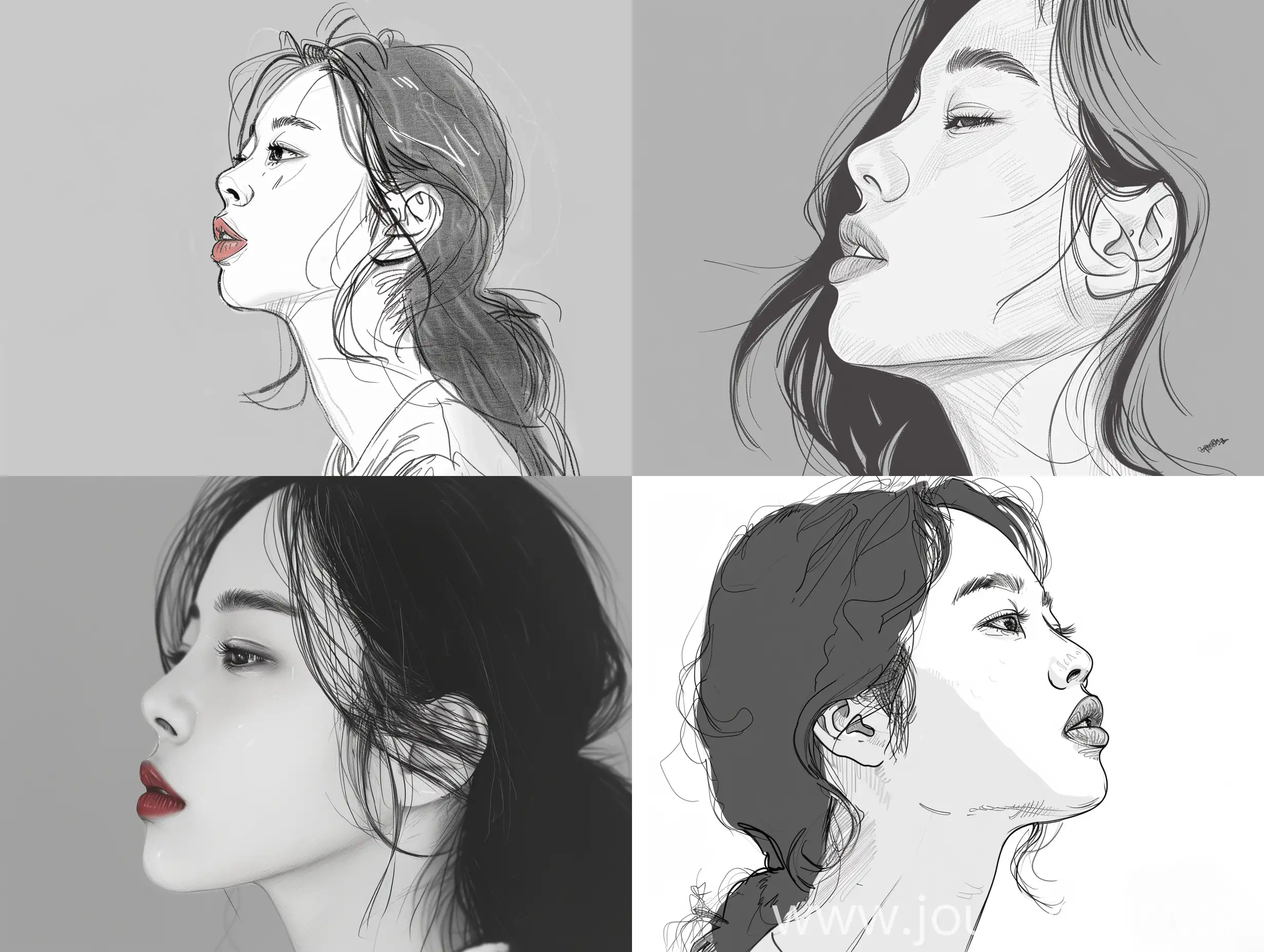 2D Rough digital drawing of profile shot of Asian Woman, beautiful, pretty, thick lips