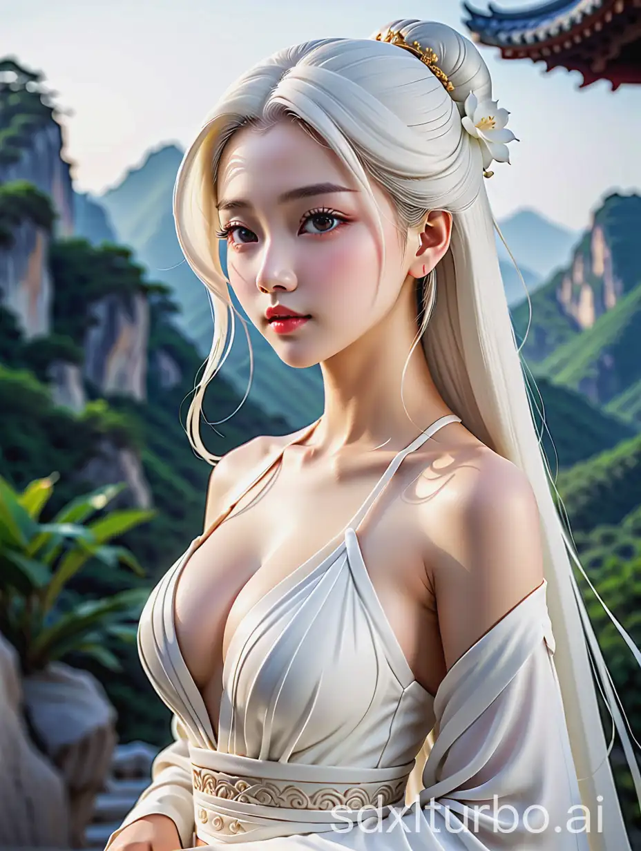 A ceramic sculpture, a Chinese beauty wearing a white low-cut ancient-style long dress, white hair, bosom like porcelain, skin as smooth and delicate as white porcelain. Her gaze is gentle, emitting a gentle temperament all over. The entire scene is dominated by pure white, with a background of flawless white scenery, simple and elegant, as if placed on porcelain, quiet and elegant.