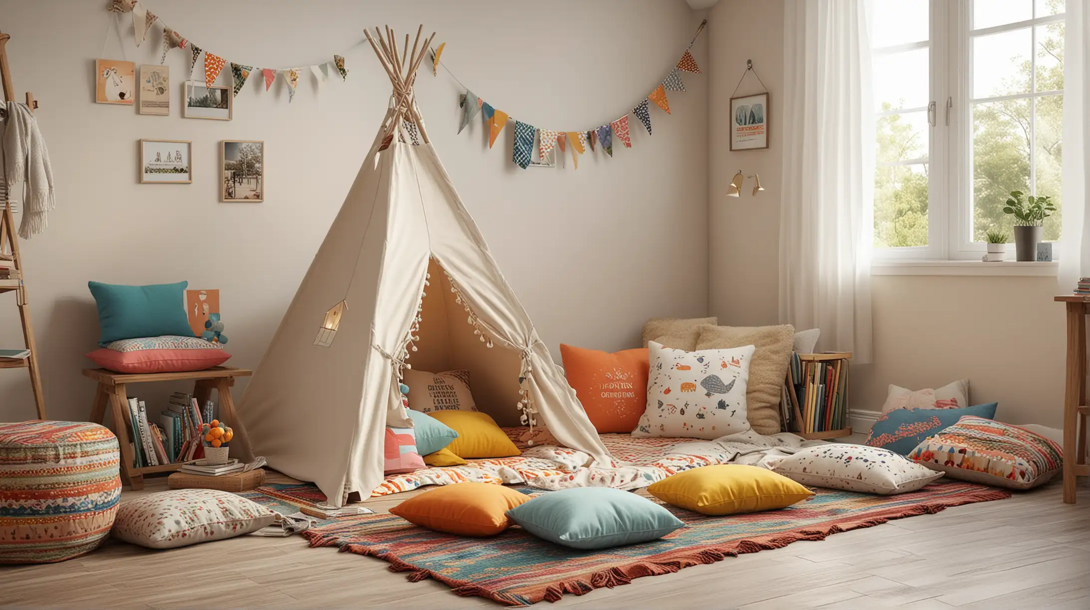 create a hyper realistic image of a fun and cozy reading nook for kids, a teepee, many cute and colourful floor cushions, soft blankets, and throw pillows, full of natural lights