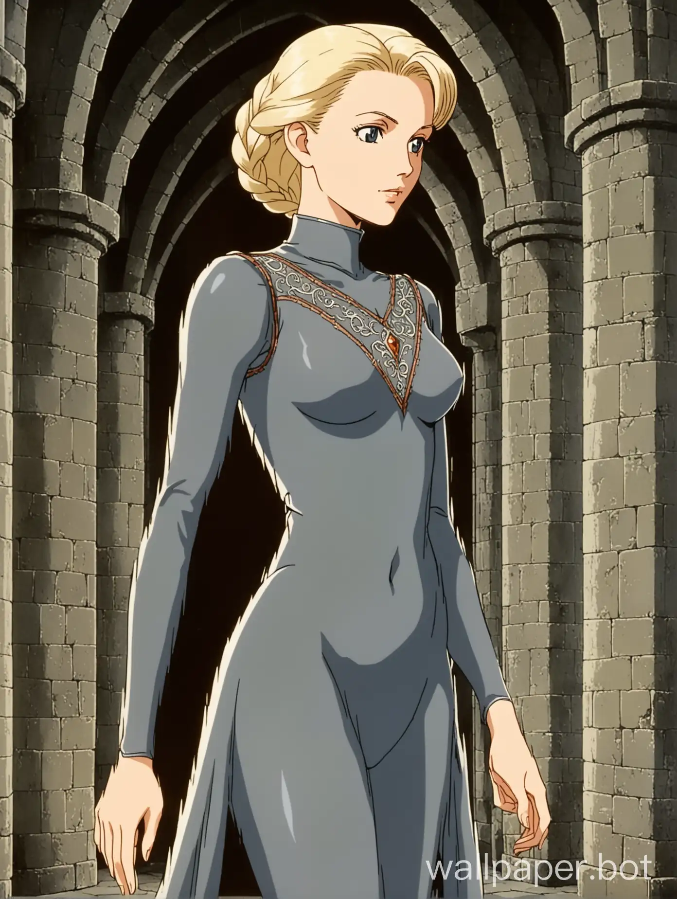 a young and attractive white woman, she has long wavy white-blonde hair pulled back into a single long large braid, standing regally, elegant and slender, thin sharp face, wearing a sheer thin dark grey skintight dress, braless, ornate stitching, medieval elegance, castle interior, 1980s retro anime,