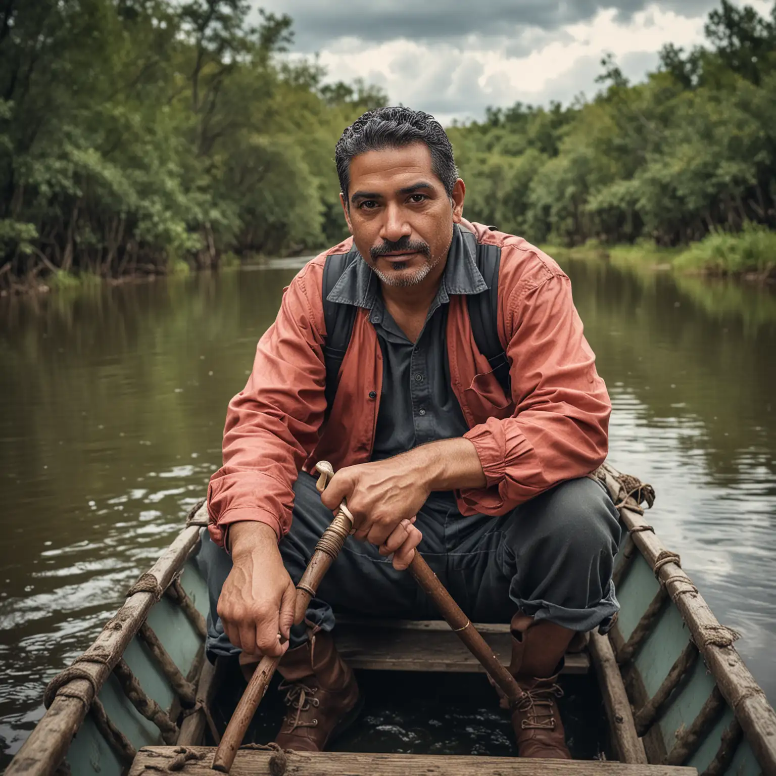 a middle age hispanic man holding a metal cane and sitting in a tiny Jon boat on a river on a cloudy day, vibrant colors