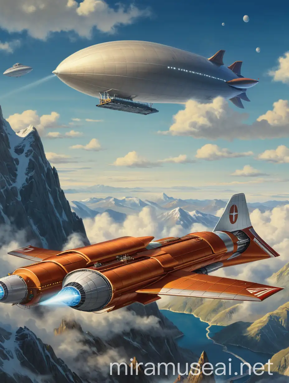 Detailed Aerial Painting Rocket Ship Soaring over Mountains with Airship