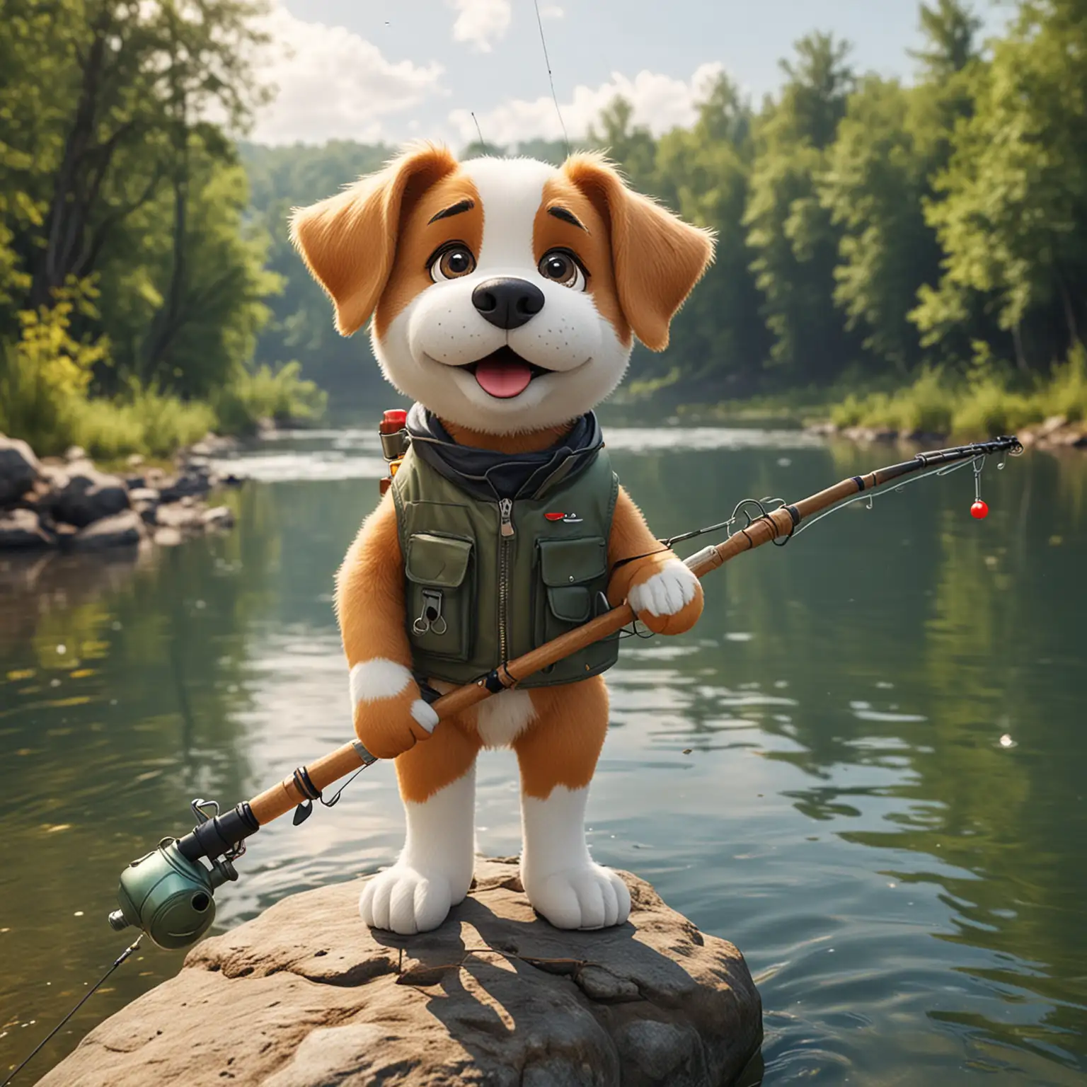 Cartoon-Dog-Fishing-on-Riverbank-with-Fishing-Rod