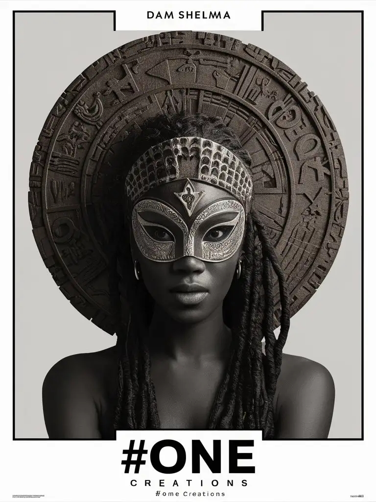 design a poster bold title: '#one creations' featuring  A young, beautiful woman of 22, with a captivating aura of mystery. She wears a Dam Shelma-style mask, intricately carved with powerful, captivating patterns. The mask evokes a sense of voodoo and ancient rituals, hinting at hidden knowledge and secrets.  The mask could be made from polished wood, bone, or even metal, adding to its eerie allure.