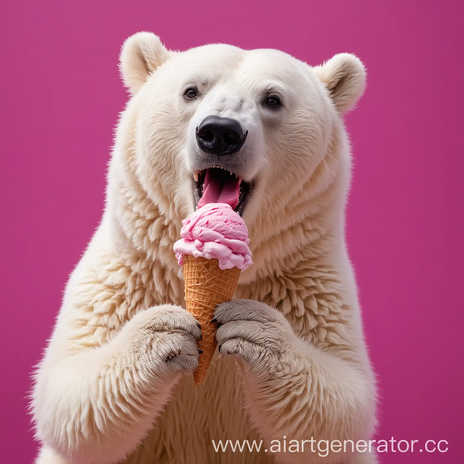 white bear eats ice cream on  magenta background