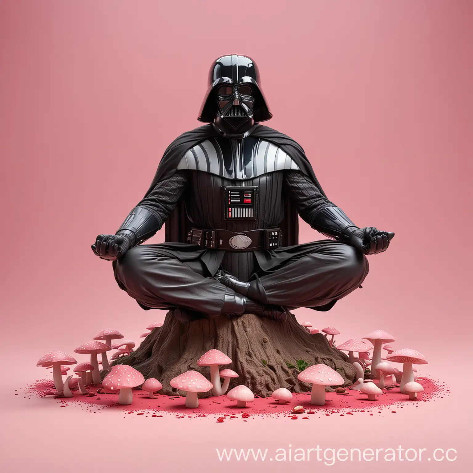 Darth Vader levitates in the lotus position, lifting off the floor, fly agaric mushrooms fly around him, realistic, detailed details, correct anatomy, pink background, plain floor. Looking straight at the camera!