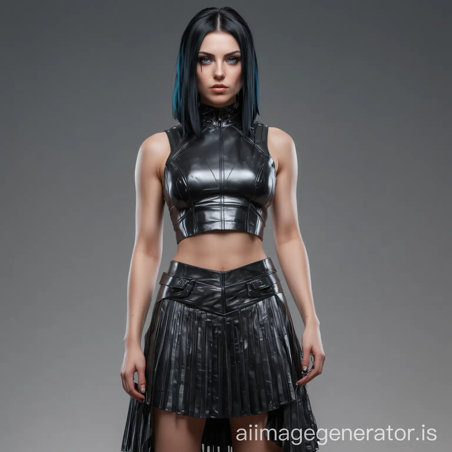 A ((slightly (goth punk) (mass effect style)) woman) with long, black hair and (silver blue) eyes, dressed in a futuristic sleek (((pleated leather) skirt and leather (crop top))), standing confidently. Transparent background.