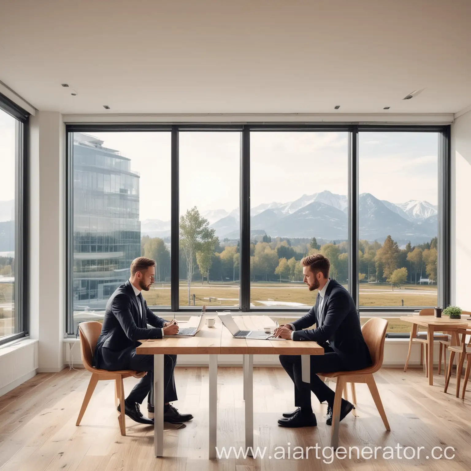 Деловая встреча двух мужчин в костюмах, обсуждающих документы на фоне современного офиса с панорамными окнами, деревянными столами и белыми стенами. На столе ноутбук, на стене логотип 1С. Реалистичный, детализированный стиль.