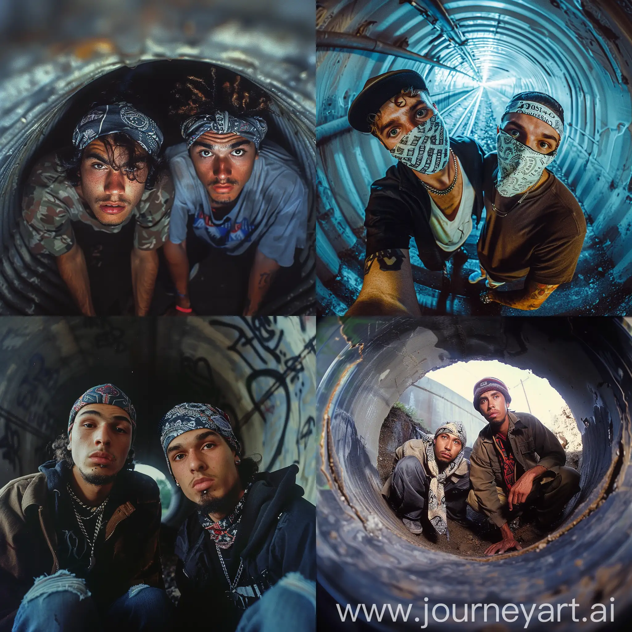 y2k drain portrait, a two guys in bandanas, wide angle lens, realistic, cinematic