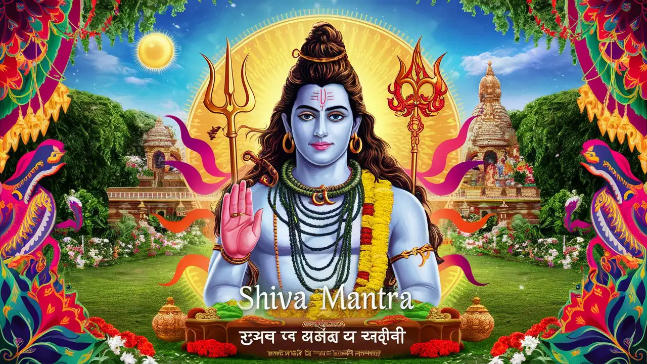 Create a Bollywood type poster of Lord Shiva, titled: "Shiva Mantra" 
with garden, temple, sun, colorful splendor and graphics,
The following words are also written in that poster

“मृत्युञ्जयाय रुद्राय नीलकन्ताय शंभवे
अमृतेषाय सर्वाय महादेवाय ते नमः”