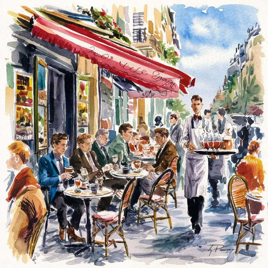 A watercolor painting of a bustling street cafe scene in Paris, with vivid splashes of color and loose, expressive strokes.