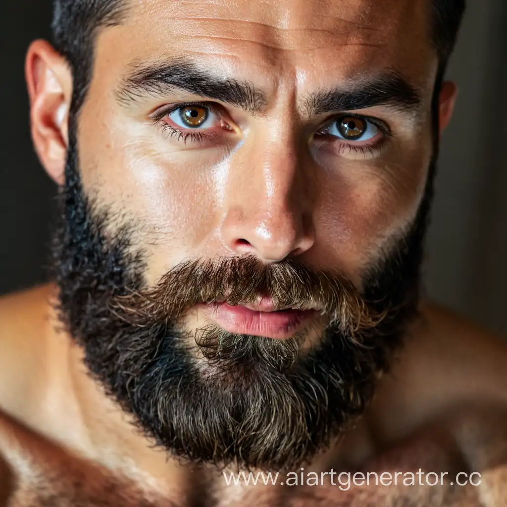 A shirtless super handsome man with a thick beard, braun eyes and piercing eyes looks directly into the camera, masculine, bear