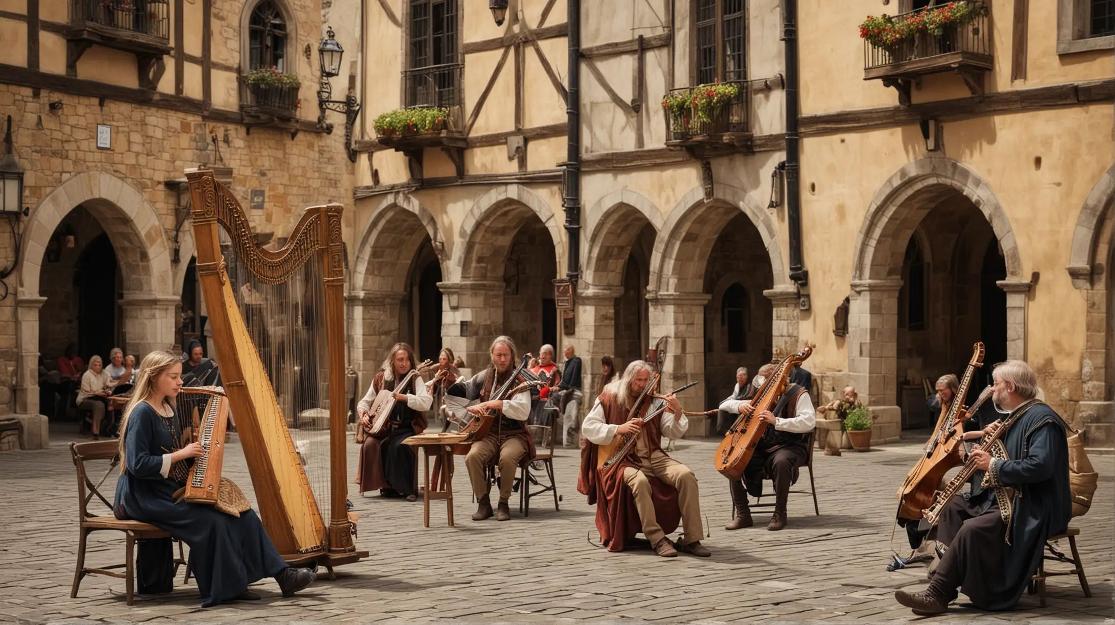 Some musicians playing the harp and flute in a medieval town square.
