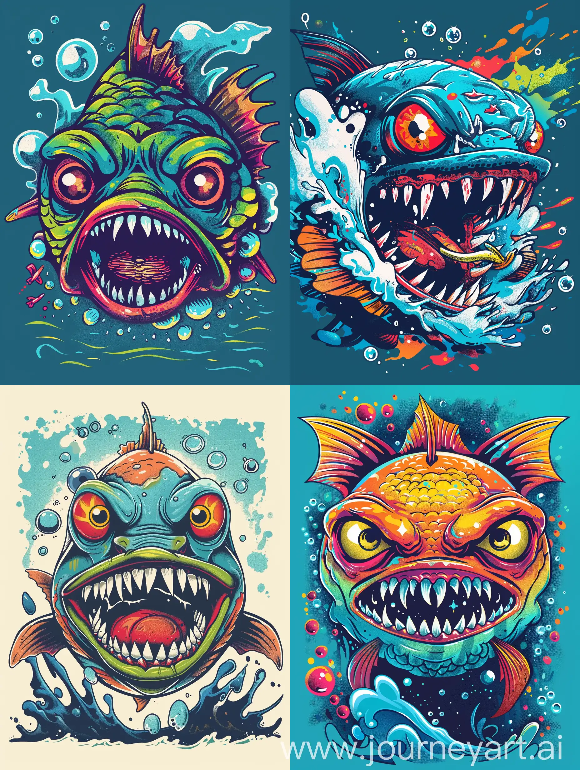 a graphic design for a t-shirt featuring a funny angry piranha. The piranha should have exaggerated cartoonish features such as big, bulging eyes, sharp teeth, and a furrowed brow to emphasize its anger in a humorous way. Use a vibrant and colorful palette with bright blues, greens, reds, and yellows. The background should be simple, perhaps with bubbles or waves, to highlight the piranha. The overall style should be playful and engaging, with bold lines and a fun, cartoonish aesthetic. --v 5 --ar 3:4 --q 2