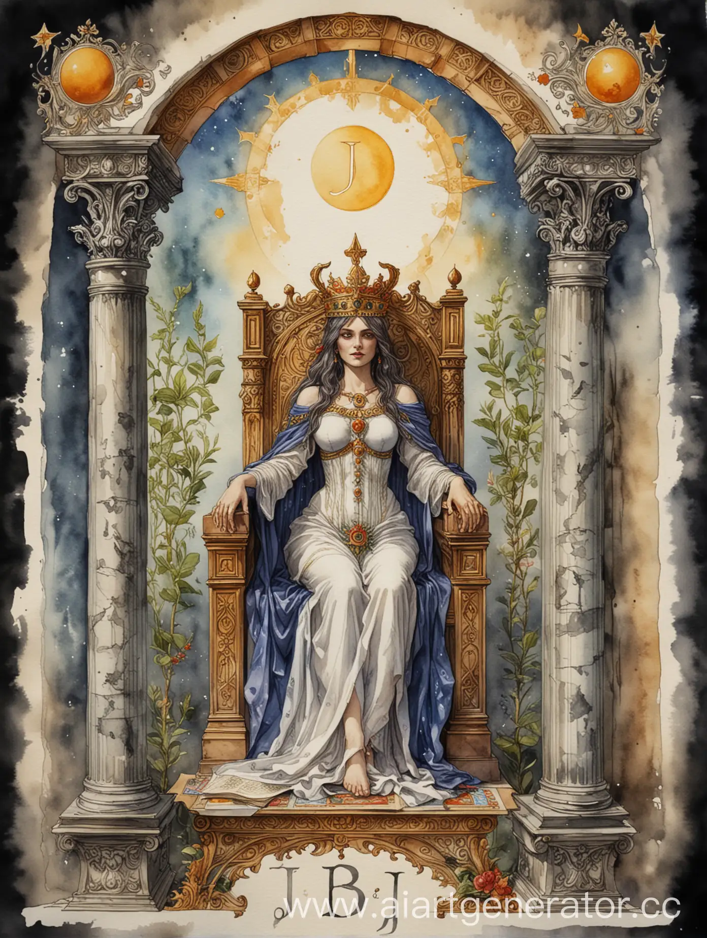 Watercolor-Tarot-Art-Arcanum-Priestess-with-Crescent-Headpiece-and-Open-Book-on-Throne