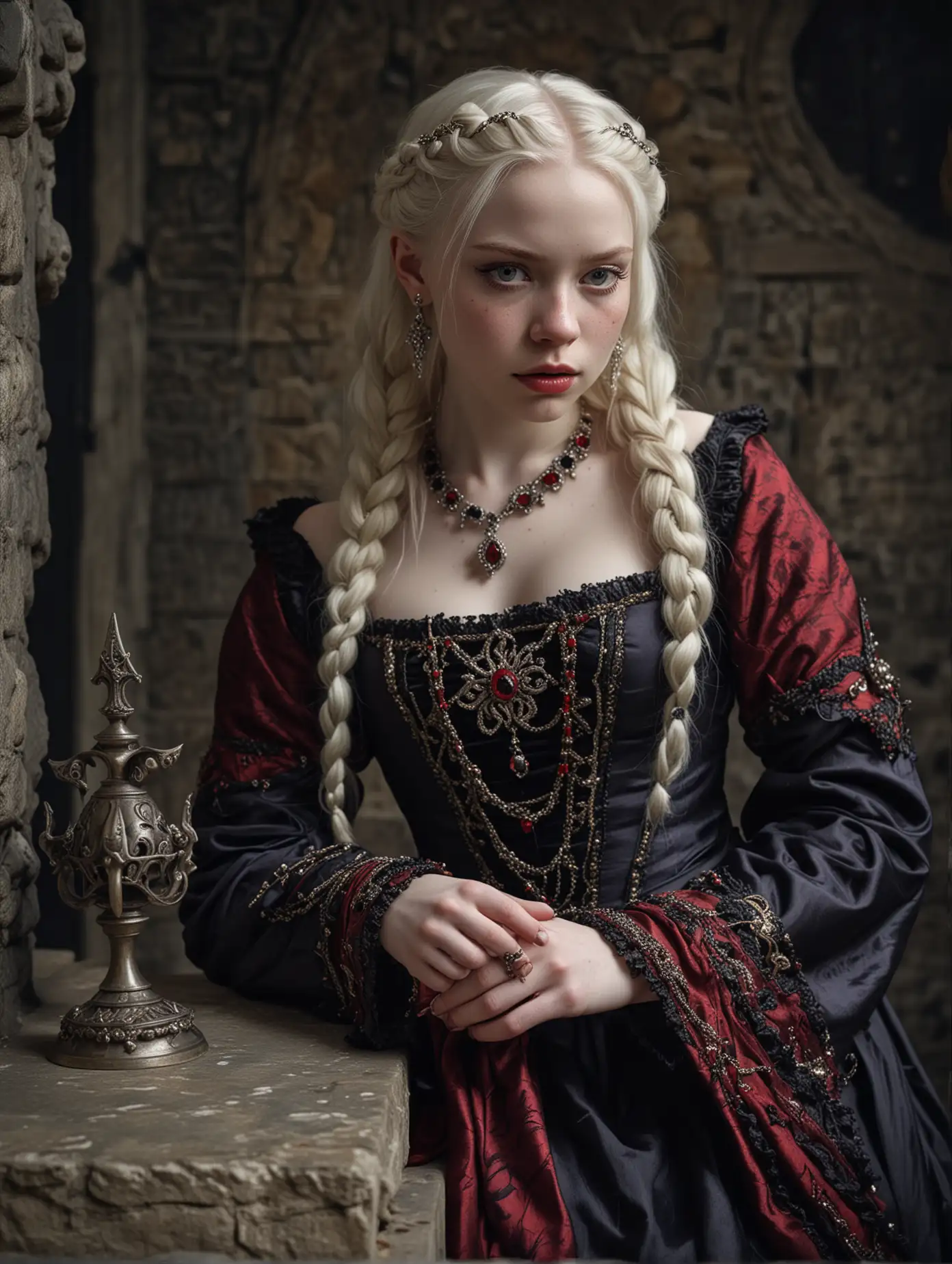 High resolution candid photo of a young woman, with albino skin, freckles, intricately braided white hair, purple eyes, regal features, a fierce expression, wearing a black and red medieval silk gown decorated with jewels and a delicate tiara, holding a silver dagger on a stone bench, stone background, medieval fantasy setting, , cinematic style, dark lighting, gothic art, intense