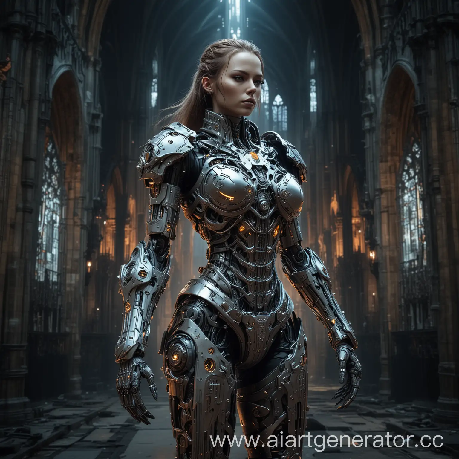 Biomechanical-CyborgWarrior-Battles-in-Infernal-Gothic-Cathedral