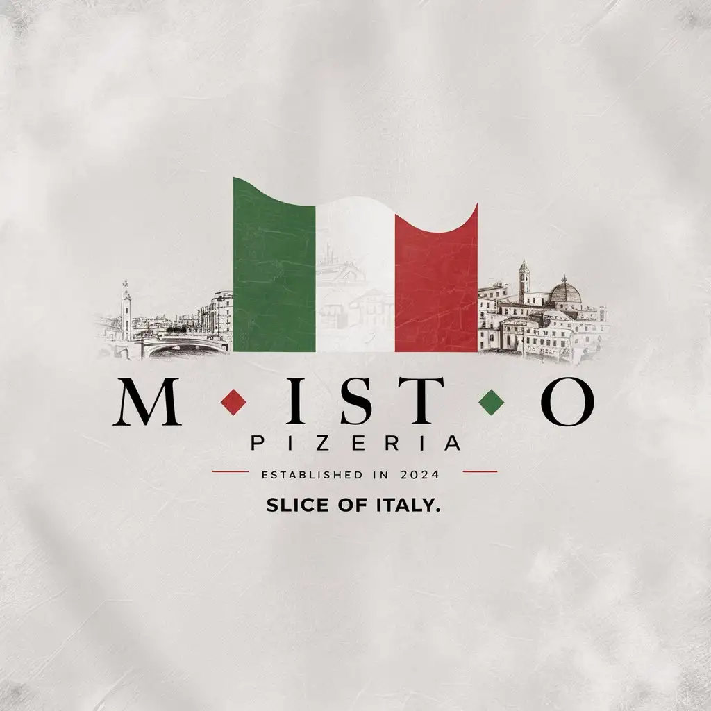 Minimalist Misto Pizzeria Emblem with Sketched Italian City on White Background
