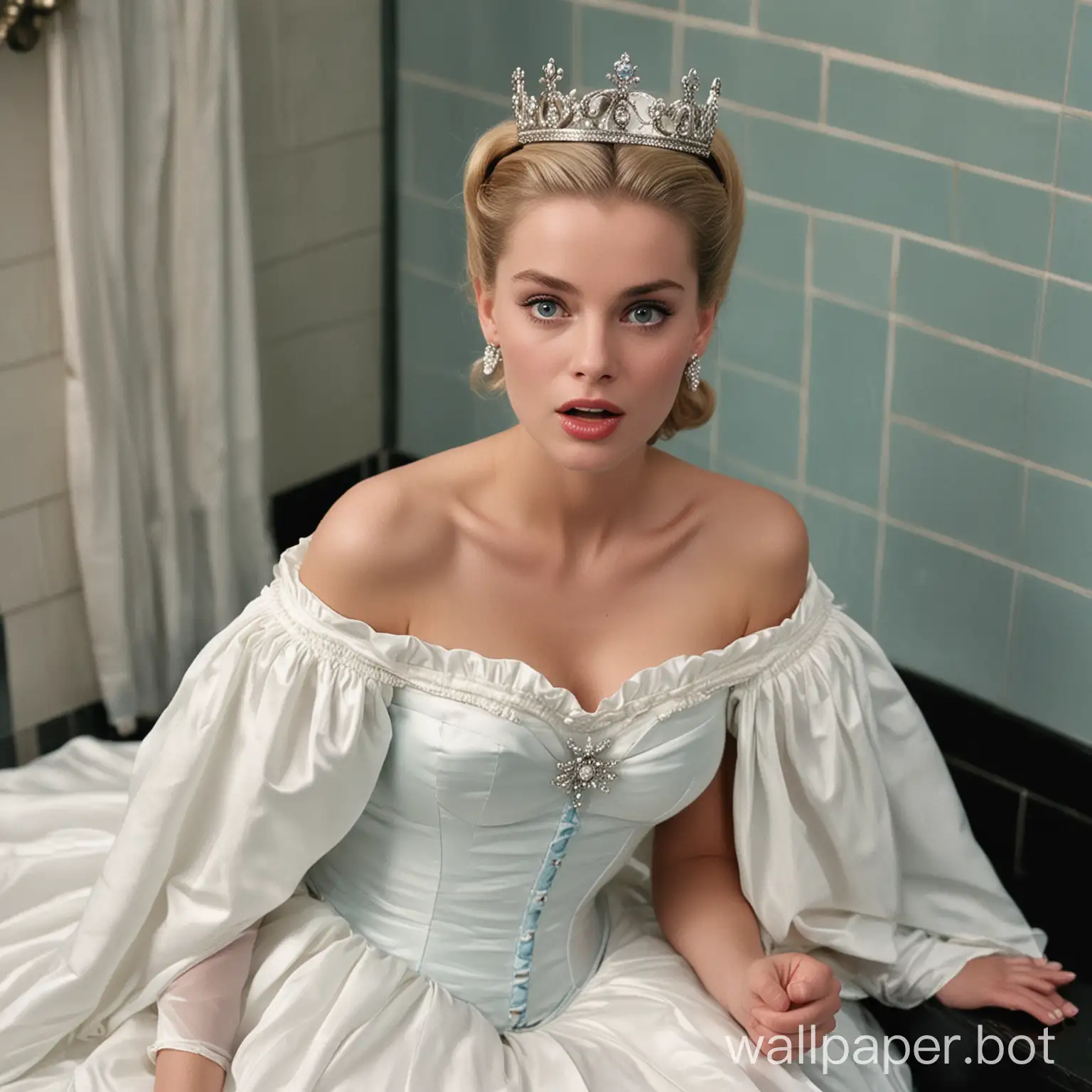 view from above. In men's public dirty toilet white beautiful blue-eyed blonde slim young actress Grace Kelly in crown on her knees in white silk off-shoulder sleeveless dress, white silk push up corset, white silk opera length gloves. white Queen Grace Kelly in crown beg on her knees in front of standed two black afro male dirty hobos tramps with their pants down. Queen's mouth open extra wide. disgust on her face