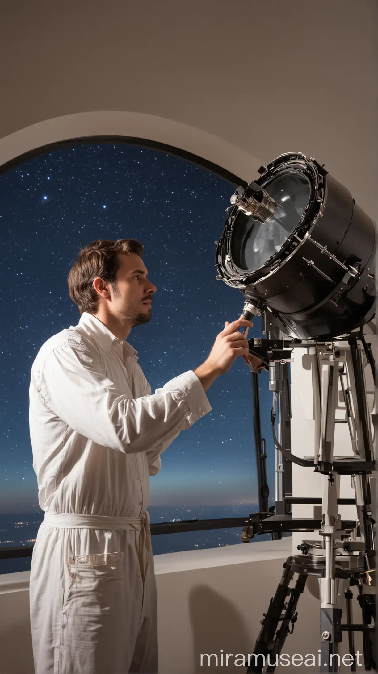 An astronomer in an observatory. He is working.