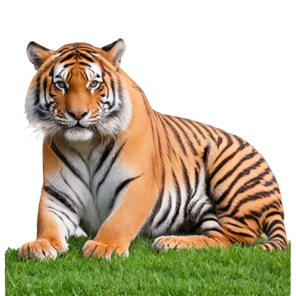 I tiger having shining hairs sitting on grass
