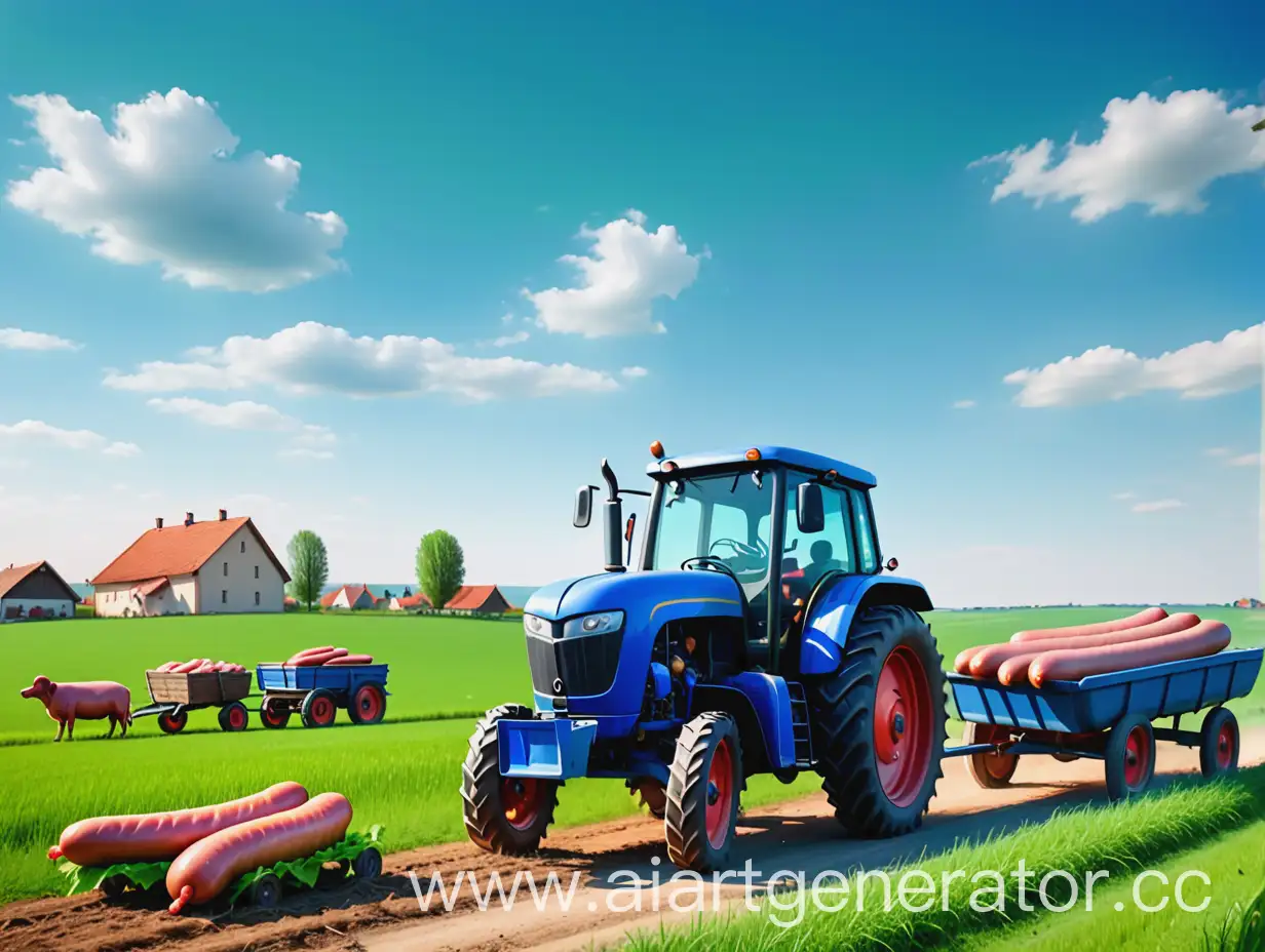 Rural-Scene-Blue-Tractor-Pulling-Giant-Boiled-Sausage-Wagon-Through-Green-Fields