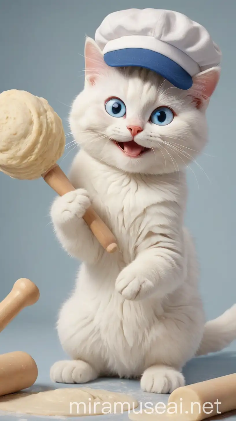 a British white smiling cat with blue eyes in a white cap holds a rolling pin in its paws and kneads the dough