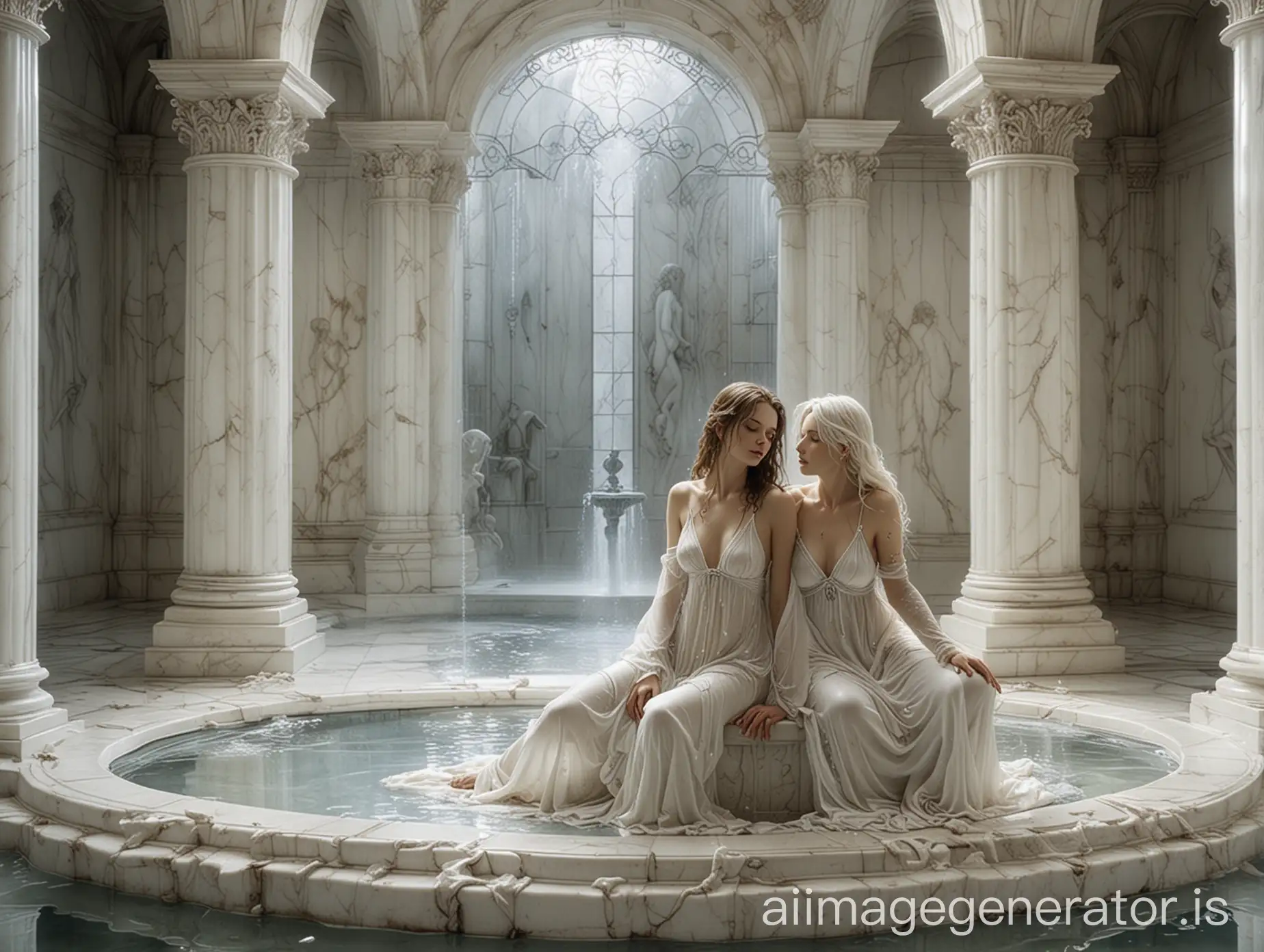 luis royo forbidden art, under view, two women looking at each other, in delicate translucent nightgown sitting in marble fountain, white marble room, white marble walls, white marble statues, white stained glass windows, water pouring out of fountain, wet skin