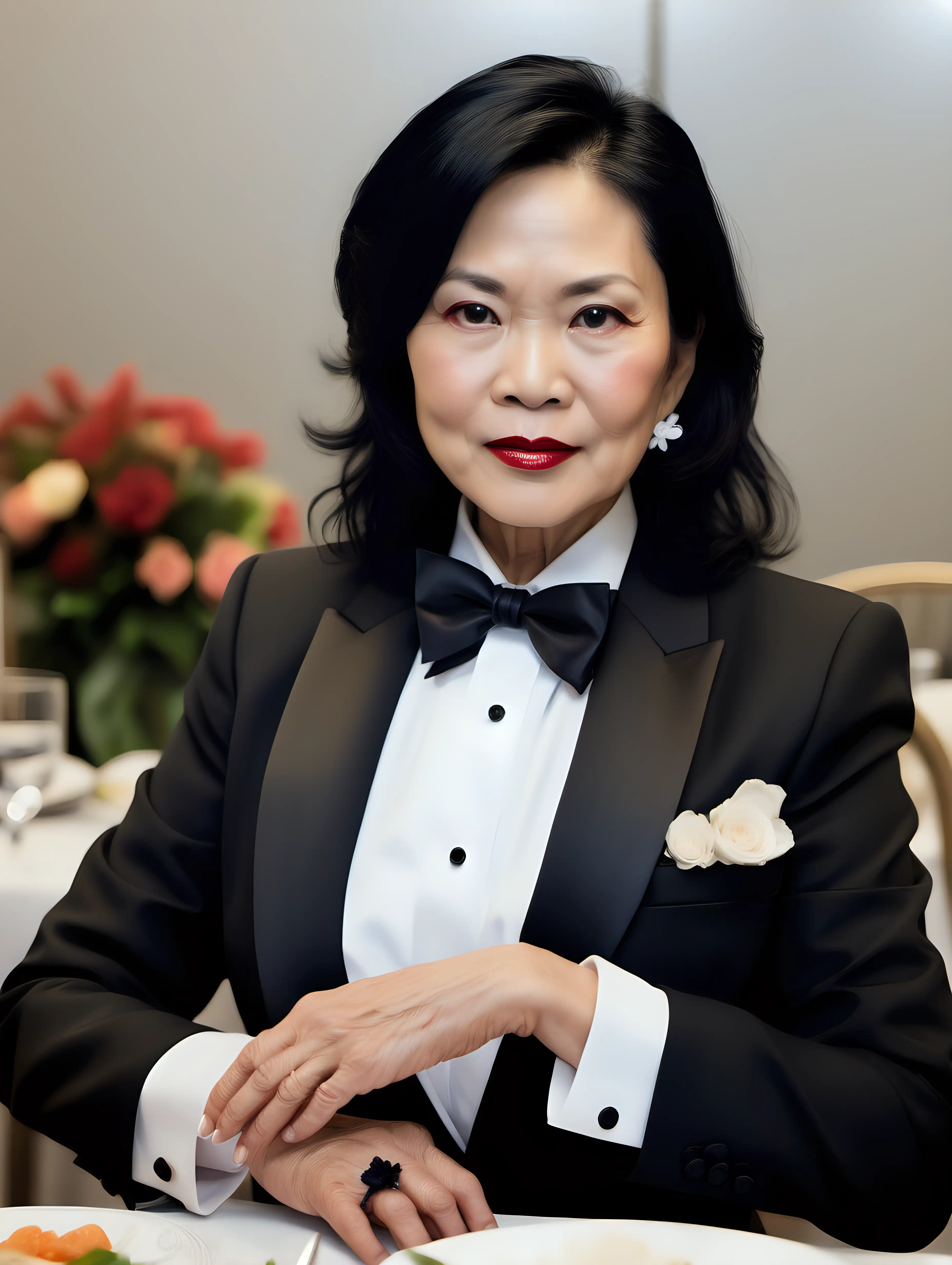 50 year old stern Vietnamese businesswoman with black shoulder length hair and lipstick wearing a tuxedo with a black bow tie and big black cufflinks. Her jacket has a corsage. She is sitting at a dinner table.
