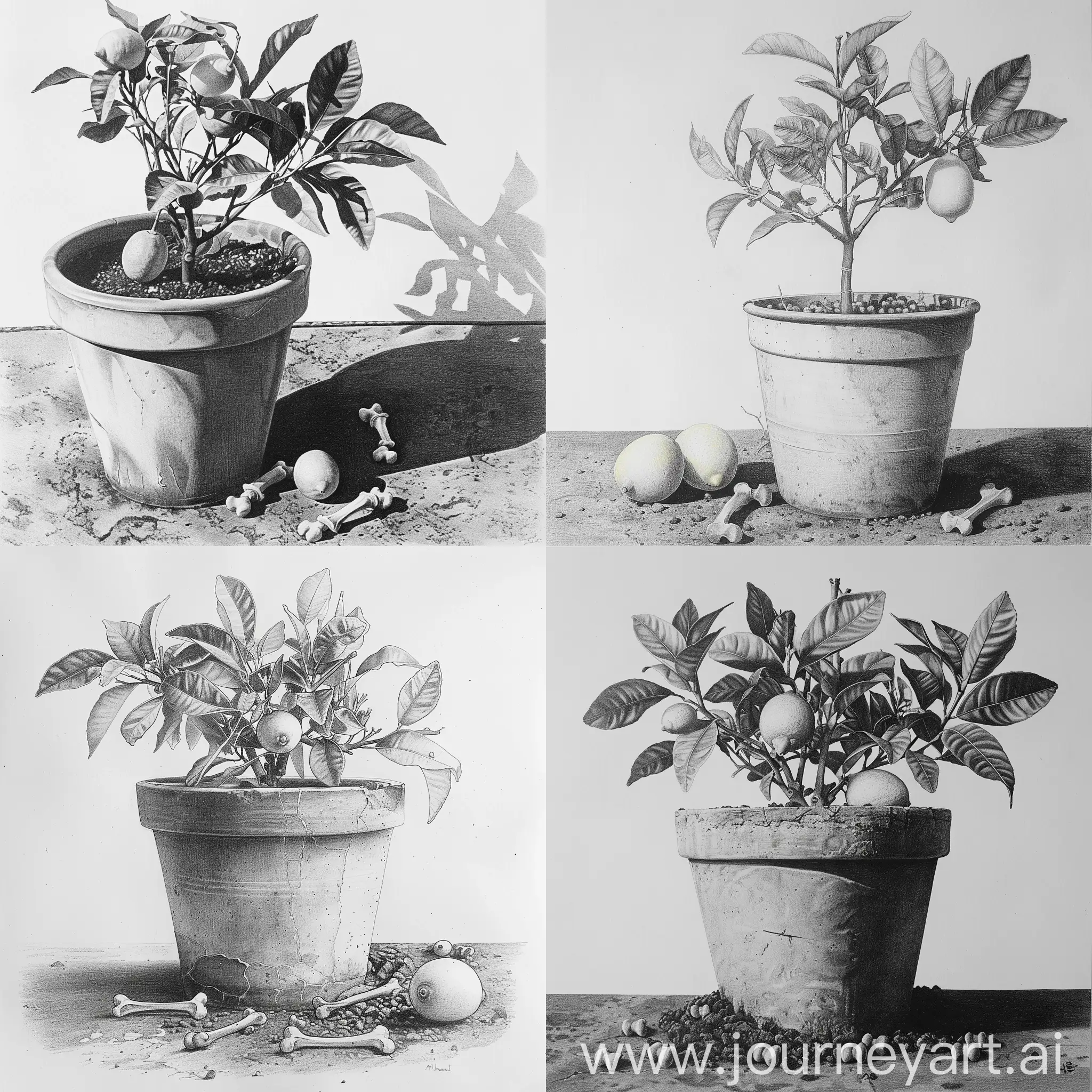 pencil drawing, black and white. graphics, a pot with a small lemon tree, small bones are visible from the ground