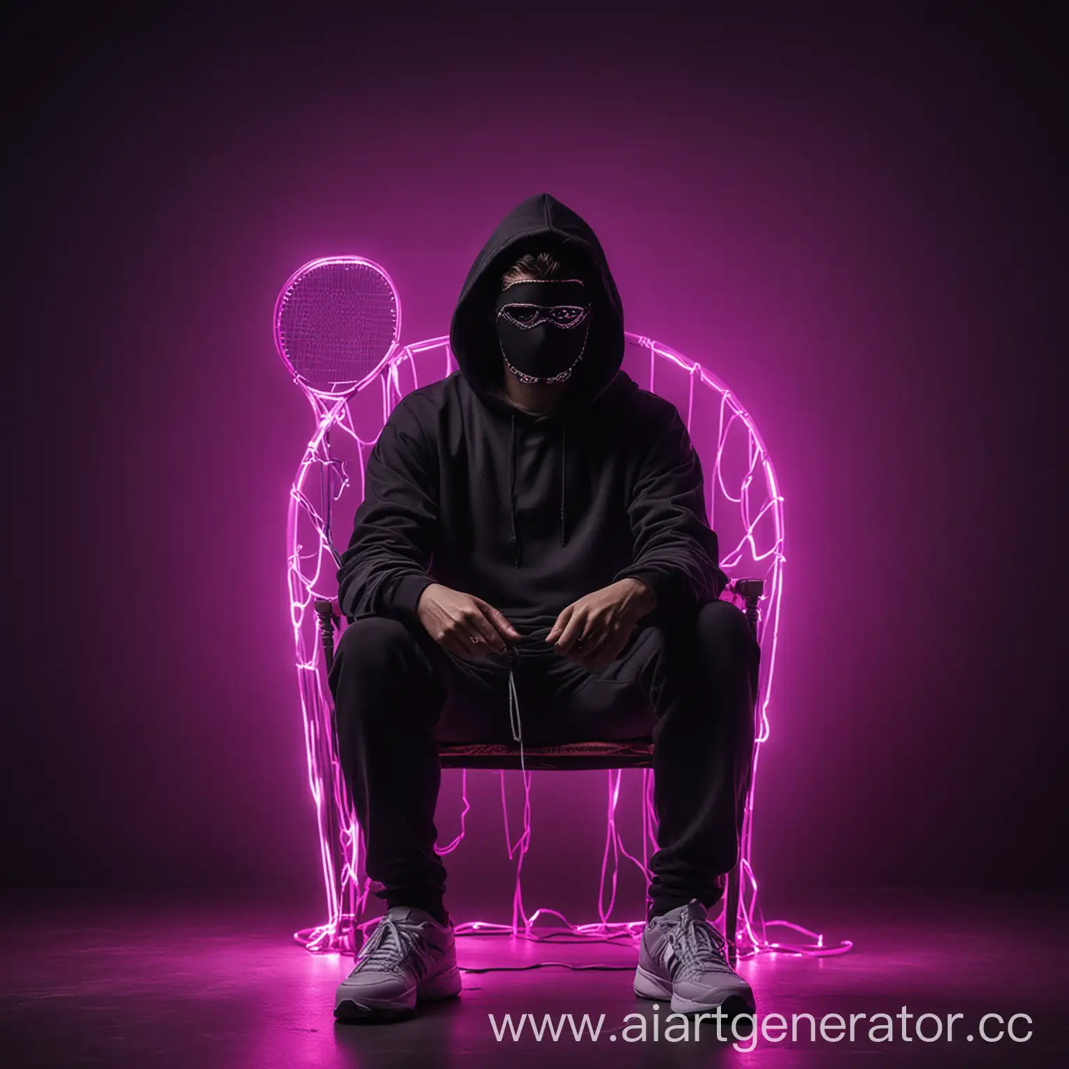 A man sitting in an expensive armchair in a black hoodie in a capechon has darkness instead of a face. On the background is a racket with ribbons in purple neon color