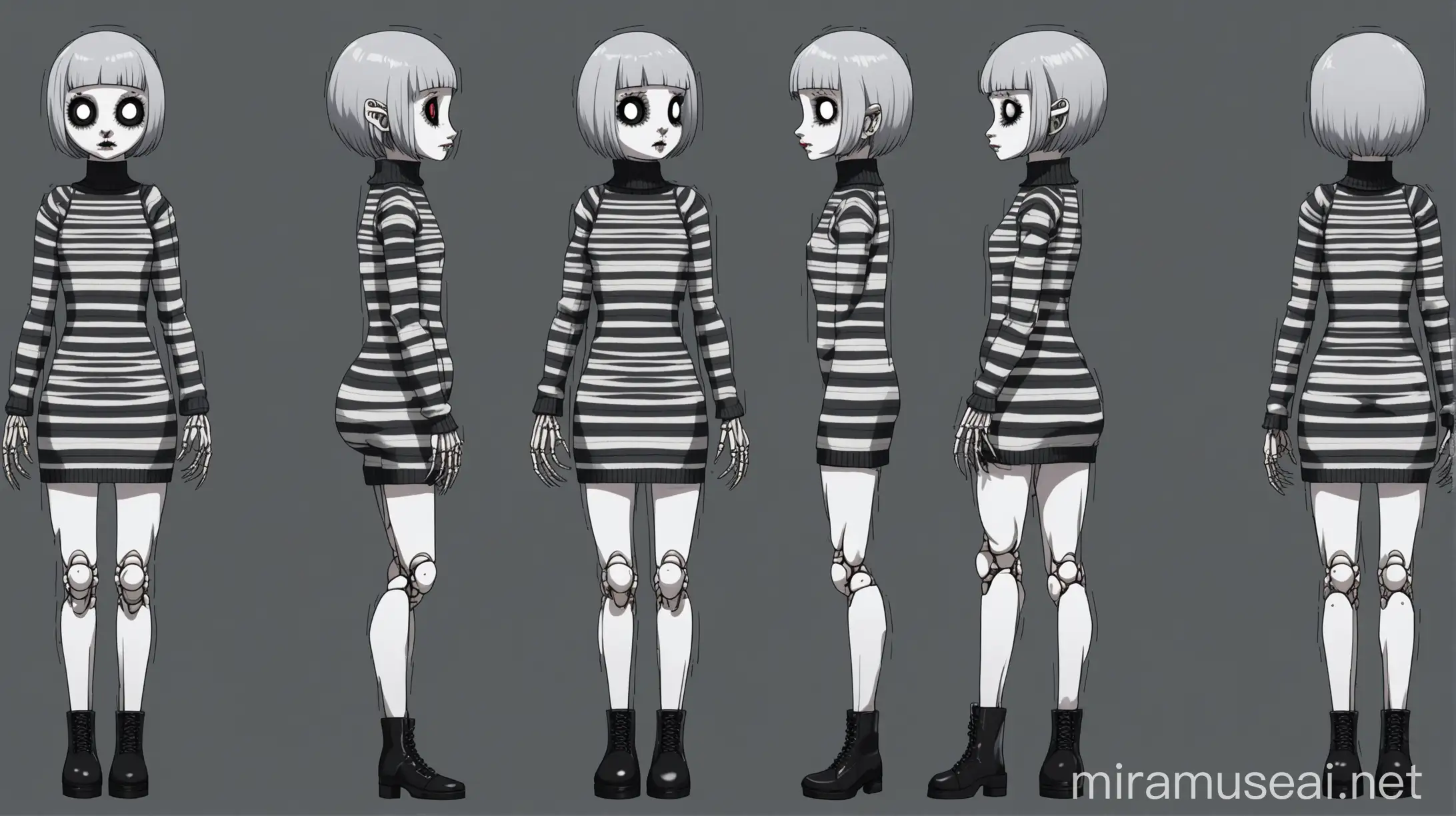 very accurate,  character reference,front view, side view, back view, facial expressions,  accurate ranfren art style, grey short hair, pale white doll like skin, cryptid, doll joints on her bodyparts, gothic style sweater dress tight with black and grey stripes.