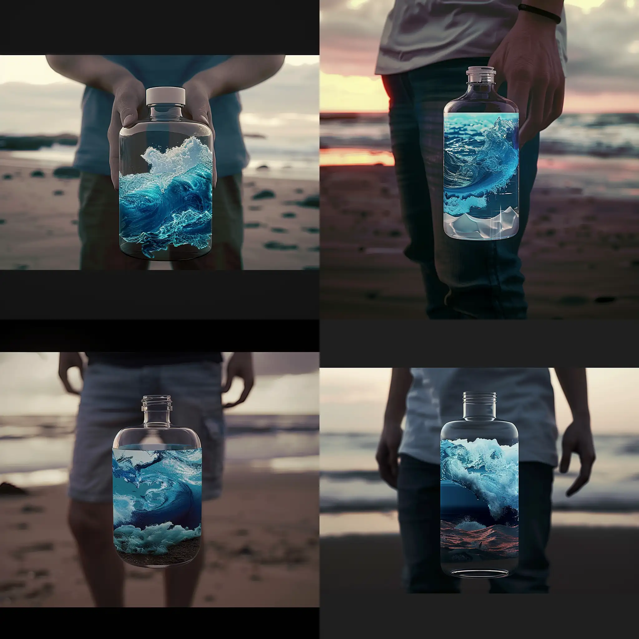 the ocean in a bottle, professional color grading, soft shadows, no contrast, clean sharp focus, Turn on RTX for realistic detail --ar 16:8 --c 100 