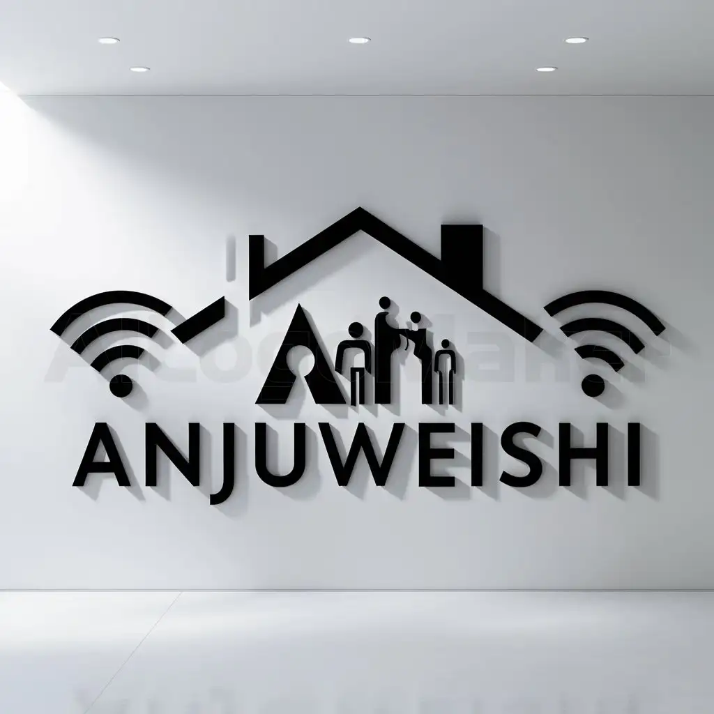 a logo design,with the text "anjuweishi", main symbol:roof and elderly people form the word 'an', house two sides are WiFi symbols,Moderate,clear background