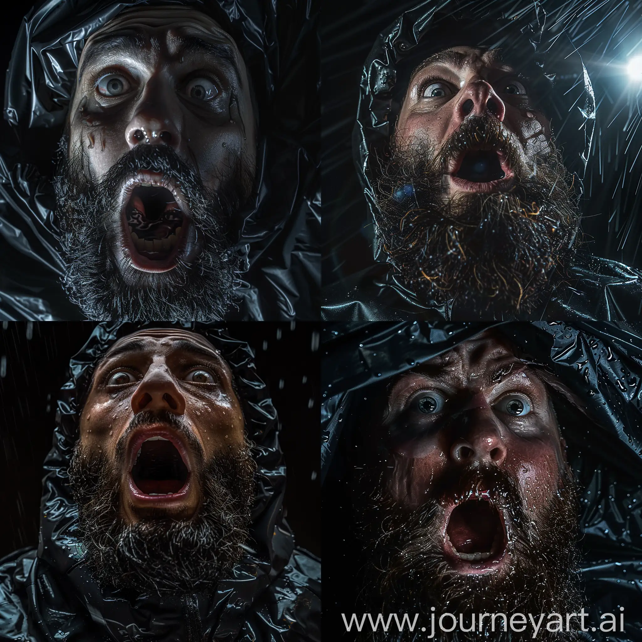 detail shot of a bearded man's face, black raincoat, panic, paralyzed, hypnotized eyes, open mouth, intrinsic detail, macro photography, focused eye lighting, flashing light, low angle DSLR, RAW photo, HDR, hyper-realistic, cinematic lighting, noir, photo realism, christopher mckenney style