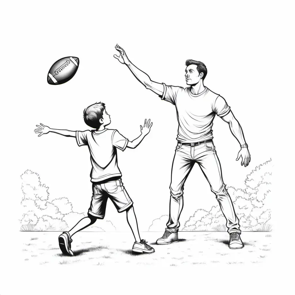 simple black and white drawing on white background of man throwing football to boy, all black and white for coloring book