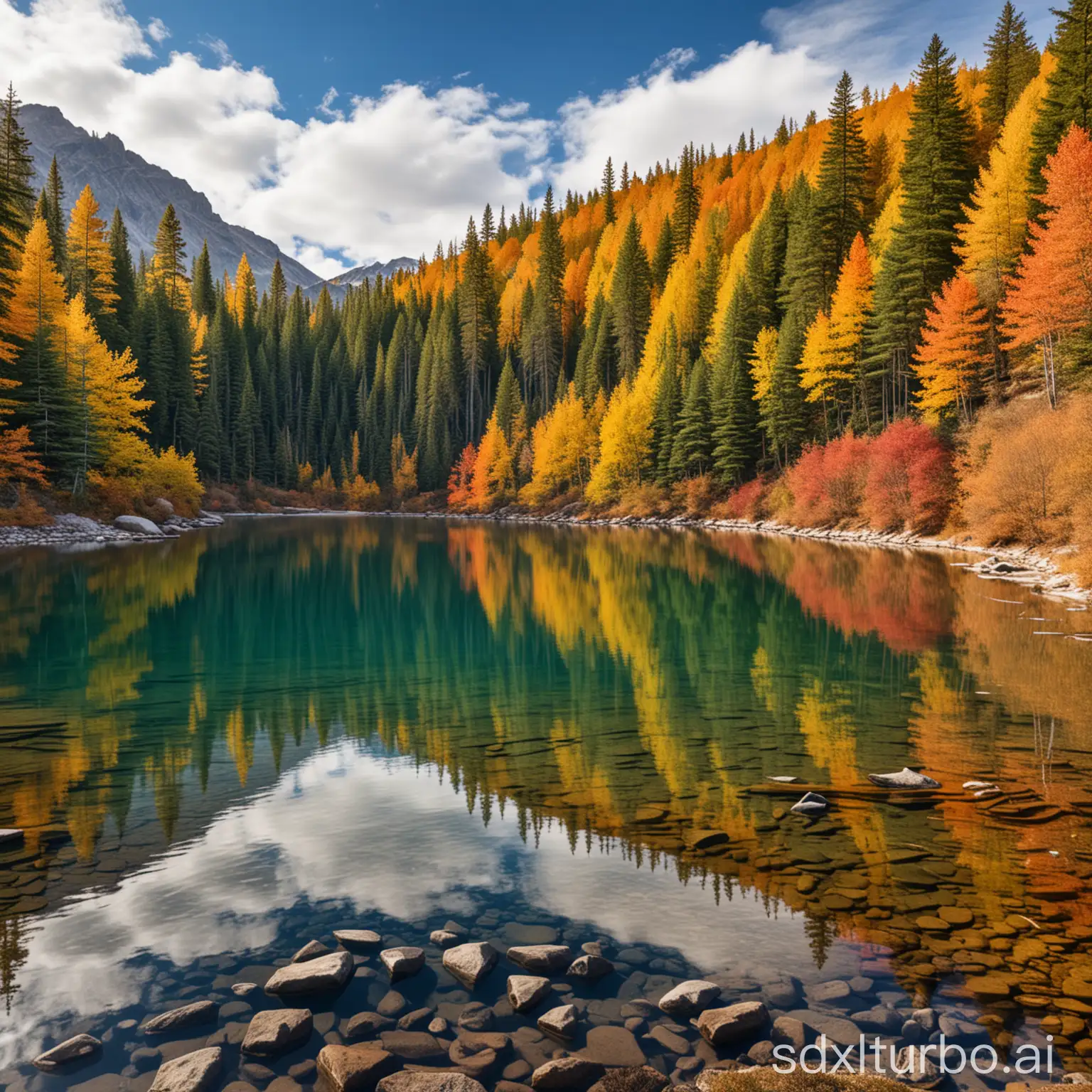 Serene landscape of a tranquil mountain lake surrounded by autumn foliage.