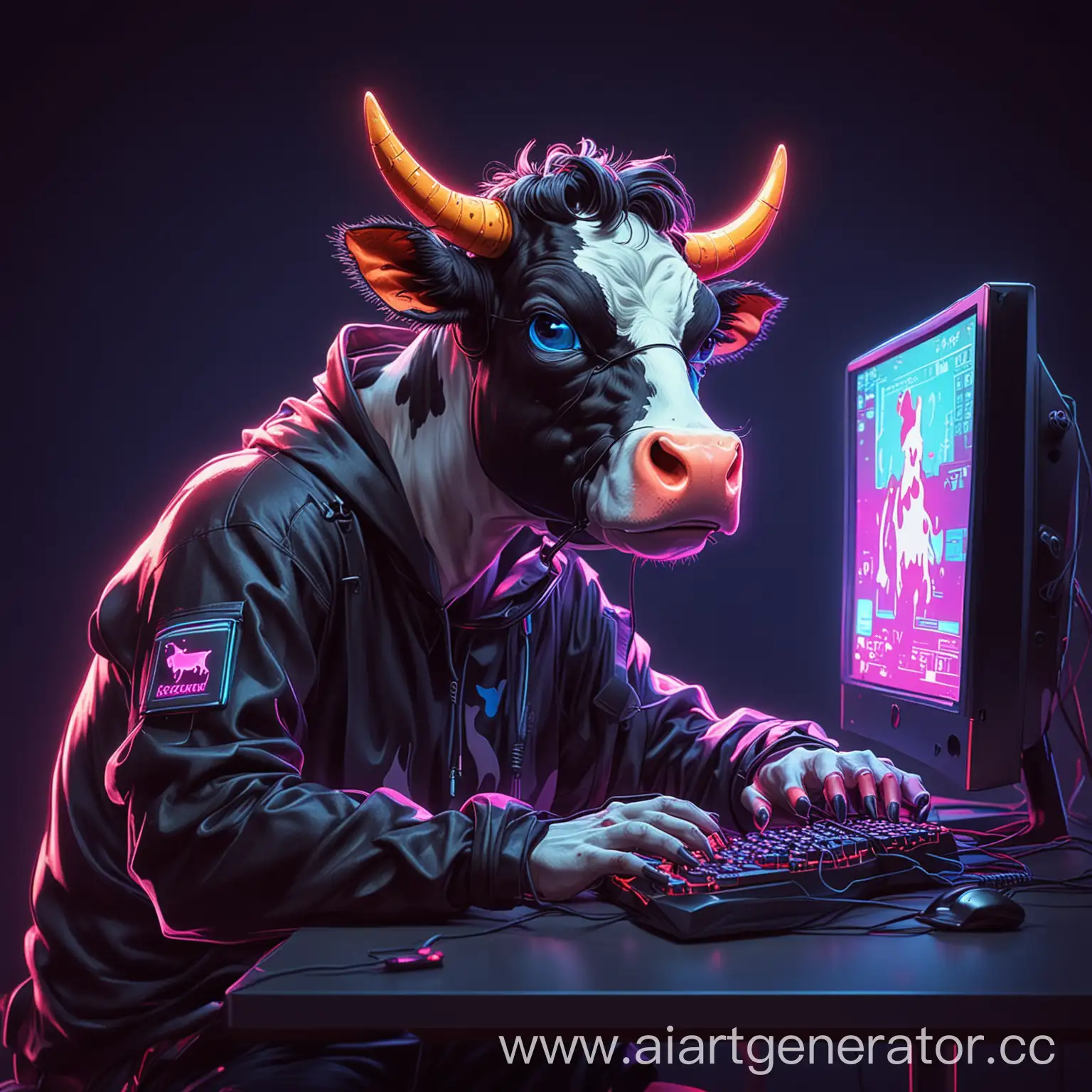 Neon-Cartoon-Cow-Hacker-Gaming-on-Computer