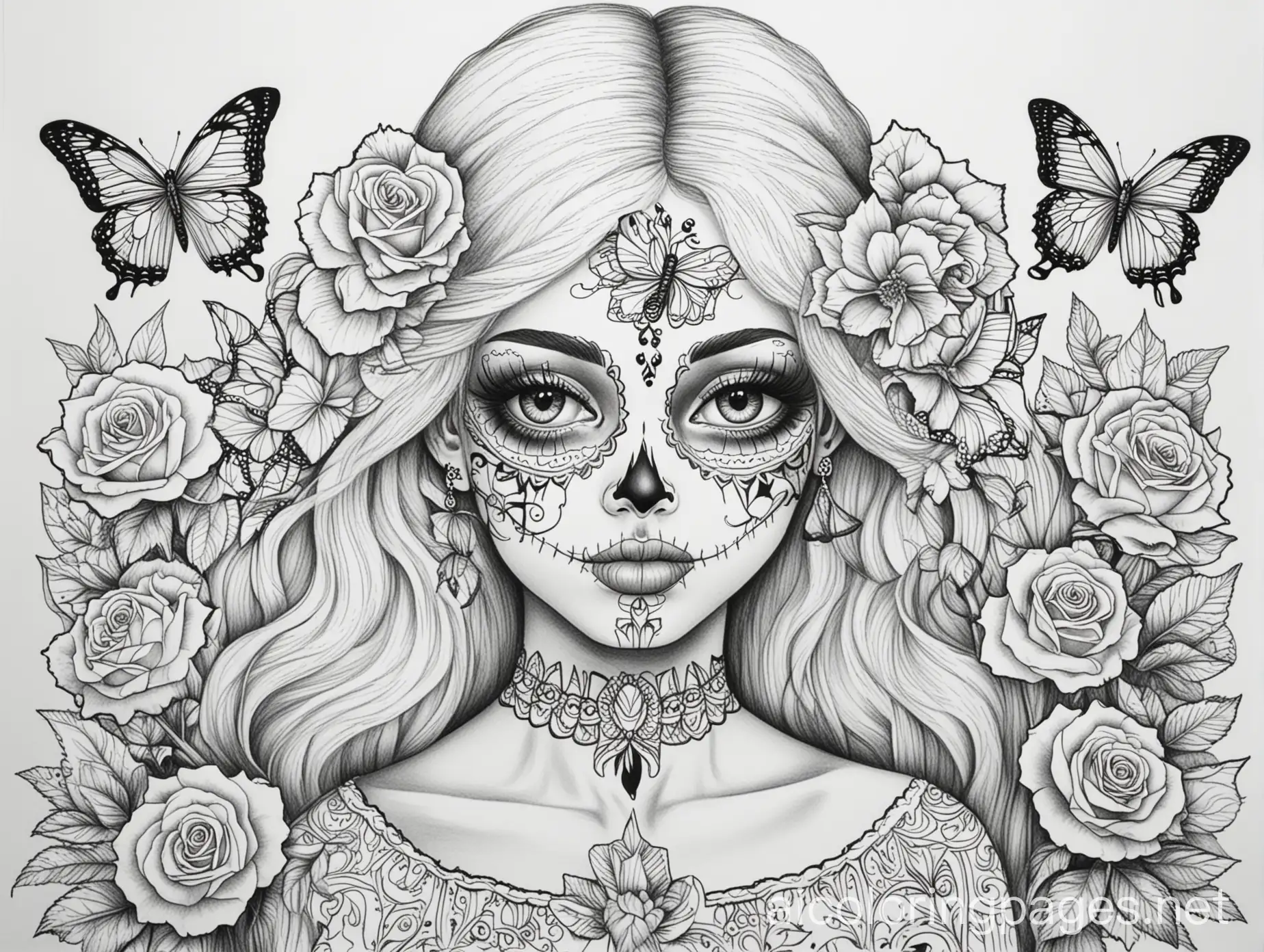 Day-of-the-Dead-Coloring-Page-with-Butterflies-and-Roses