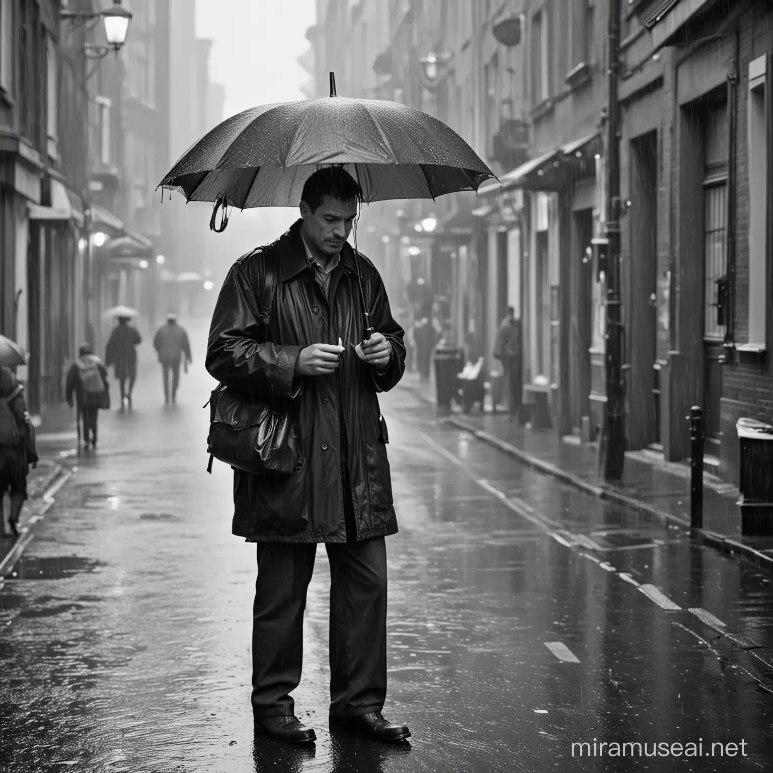 /imagine prompt: A man standing in the rain with an umbrella and a hard disk in his hand, captured in a photography style reminiscent of Henri Cartier-Bresson, portraying a decisive moment frozen in time. Shot with a 50mm lens, the image exudes a sense of raw emotion and authenticity, with the man's expression reflecting a mixture of resolve and weariness, illuminated by natural, soft light, against a backdrop of moody, rain-soaked streets. --v 5 --stylize 1000

