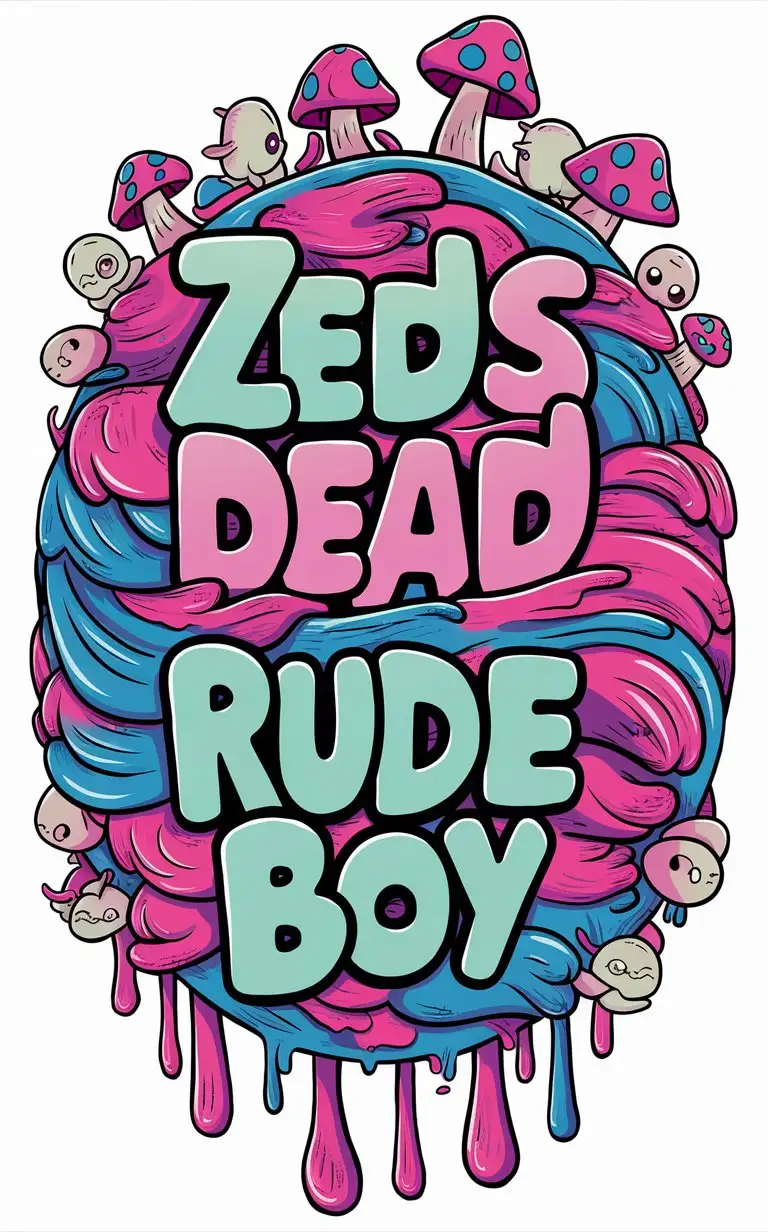 the words "Zeds Dead" & "Rude Boy" in a background in a cute font and colorful drippy slime with bright girly colors and mushrooms and aliens in a drippy circle