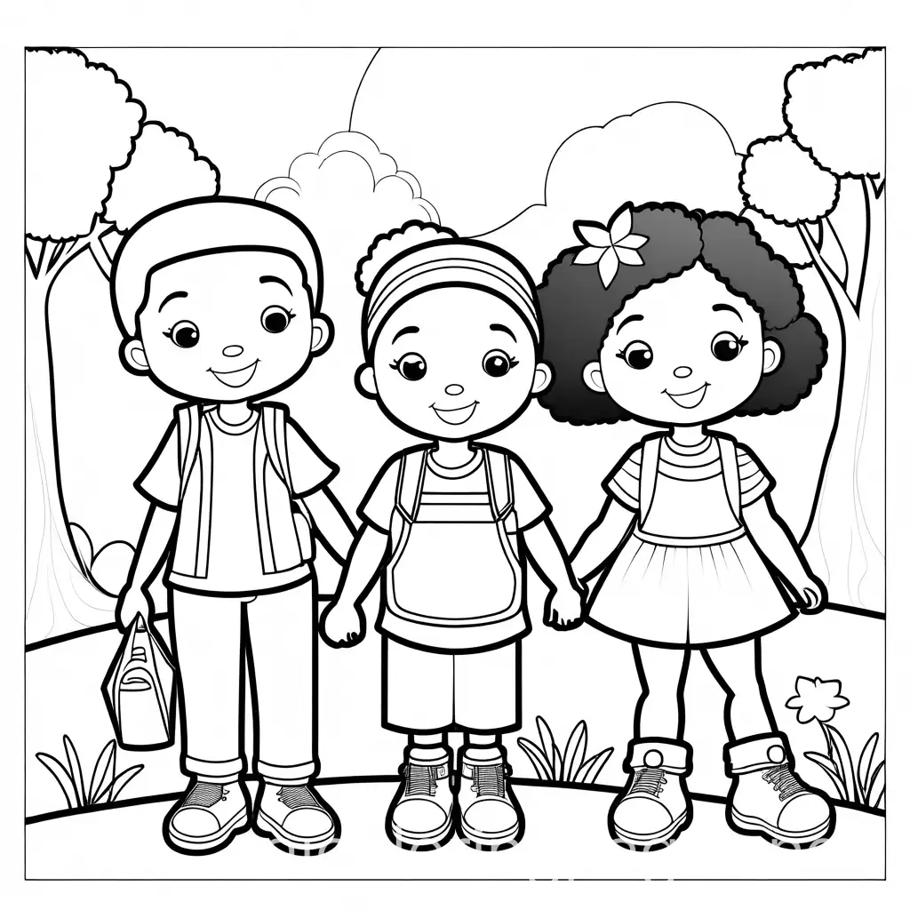 blackamerican children being good to each other: coloring page, Coloring Page, black and white, line art, white background, Simplicity, Ample White Space. The background of the coloring page is plain white to make it easy for young children to color within the lines. The outlines of all the subjects are easy to distinguish, making it simple for kids to color without too much difficulty