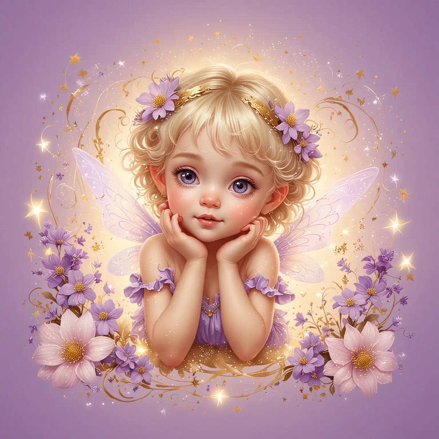 Illustration of a cute light-haired baby girl fairy,  magic swirls, gold sparks, flowers, pastel purple background 